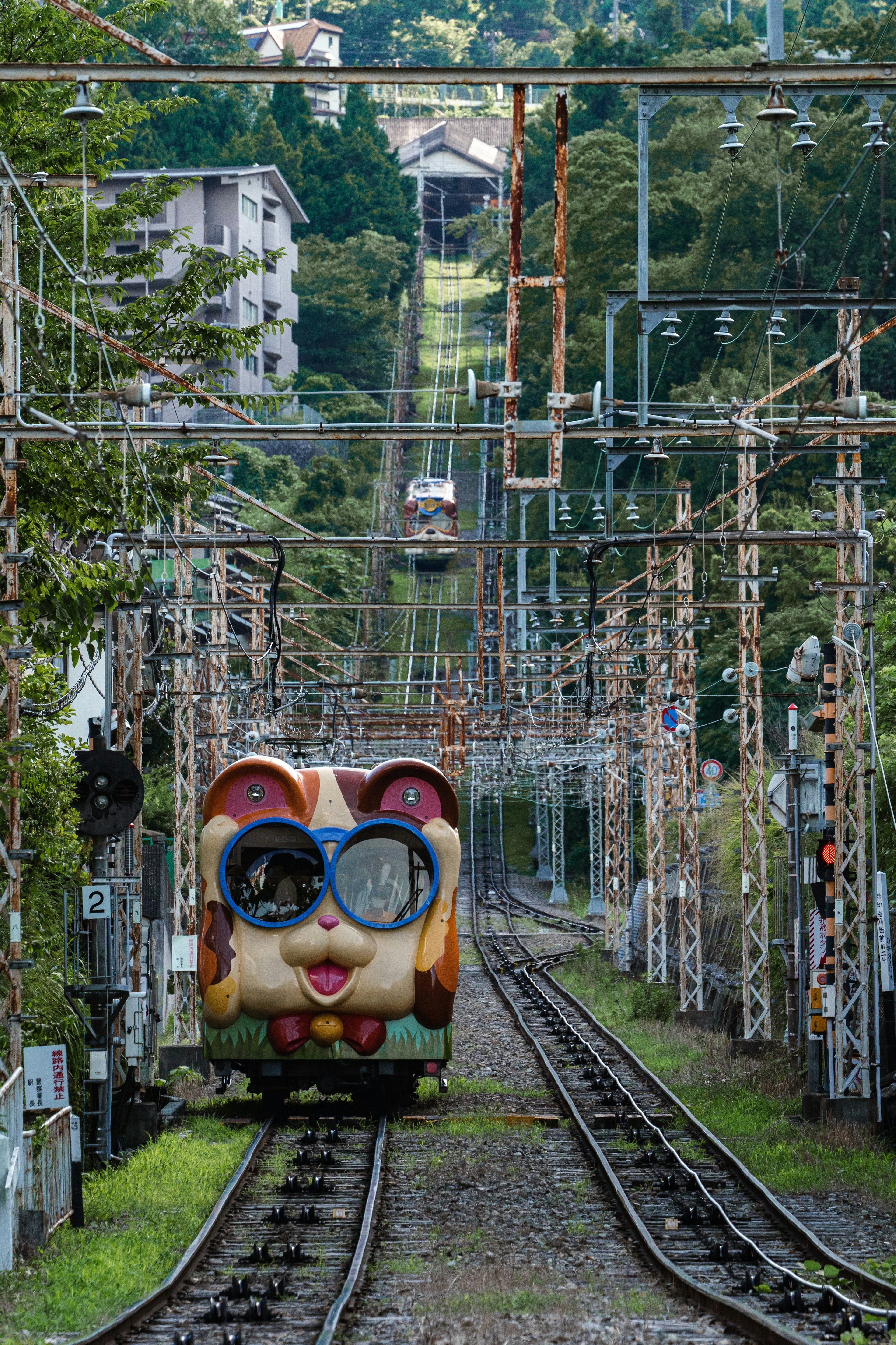 A whimsical train with a unique face traveling along a mountain path