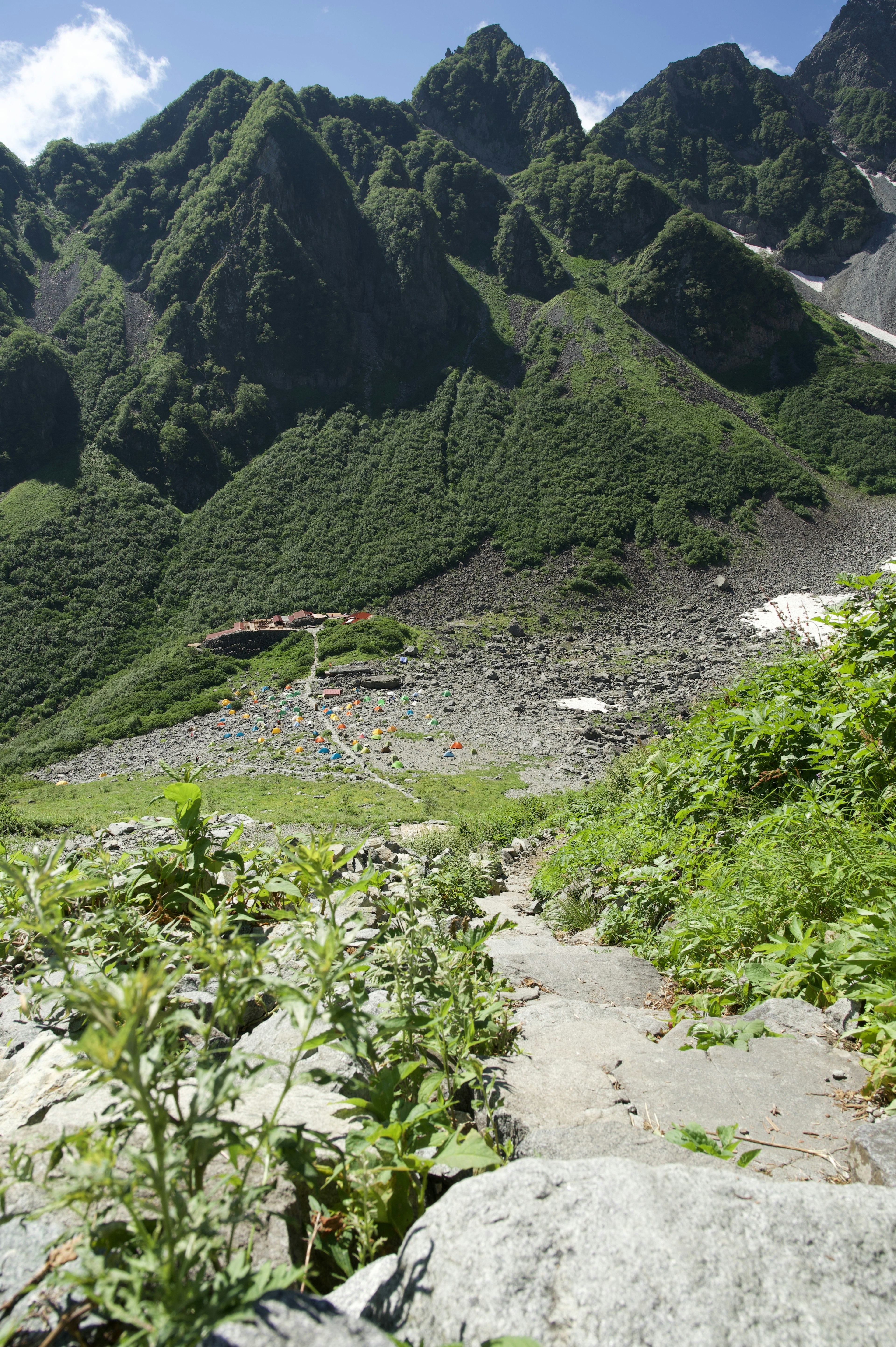 Scenic view of green mountains with rocky path