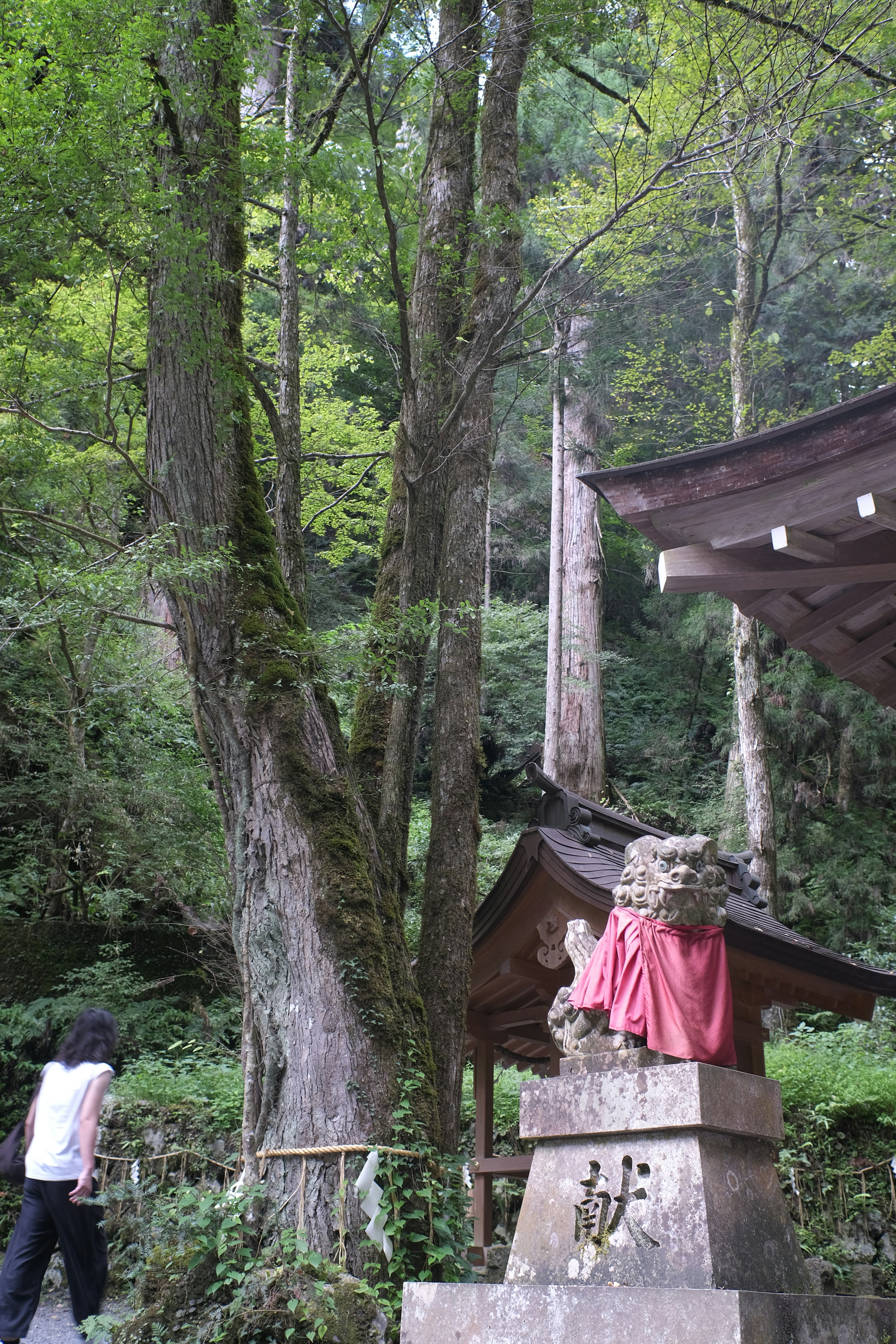 Vista escénica de una estatua de piedra y un antiguo santuario en un bosque tranquilo