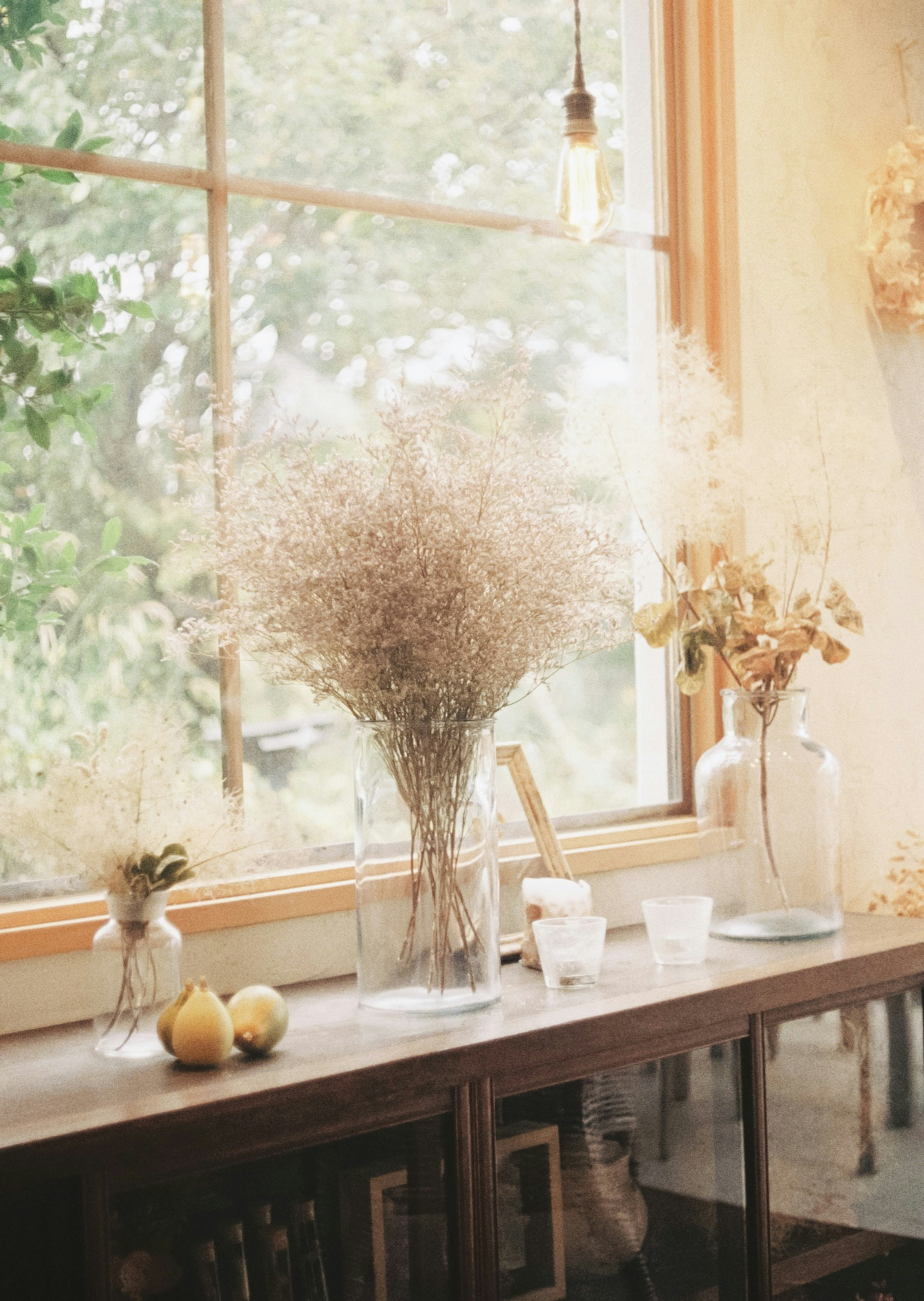 Scène de café lumineuse avec des fleurs séchées dans un vase et des citrons sur une table en bois près de la fenêtre