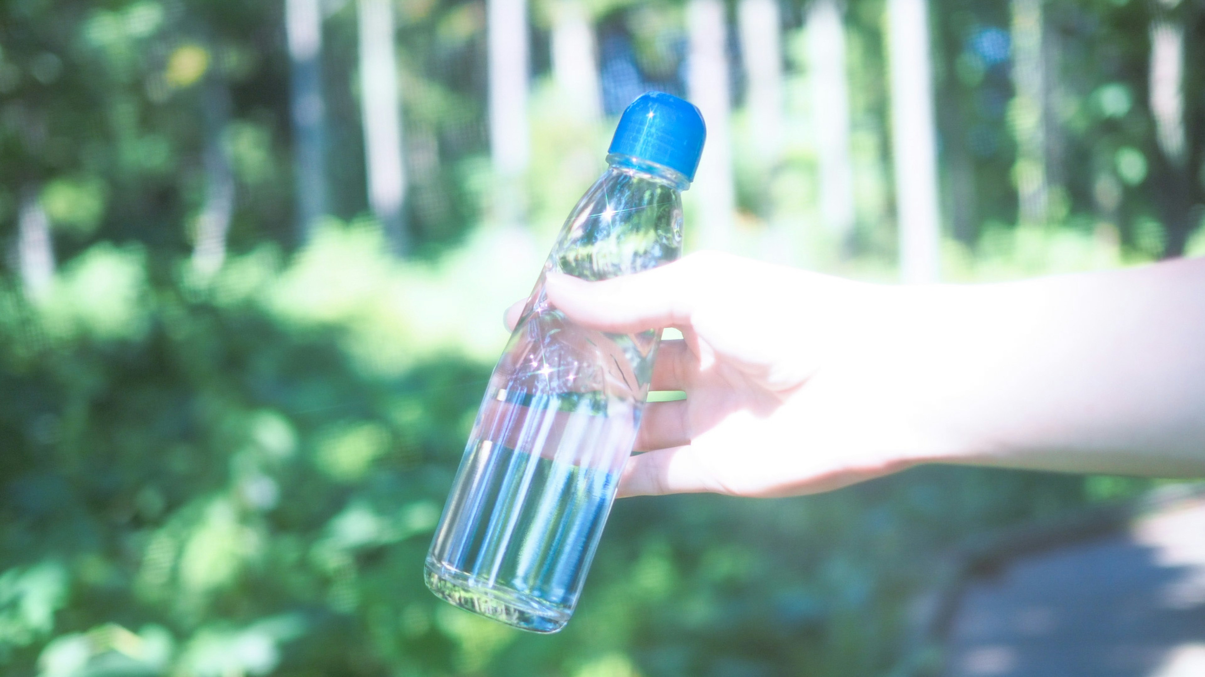 Tangan memegang botol air bening dengan tutup biru di latar belakang alam hijau