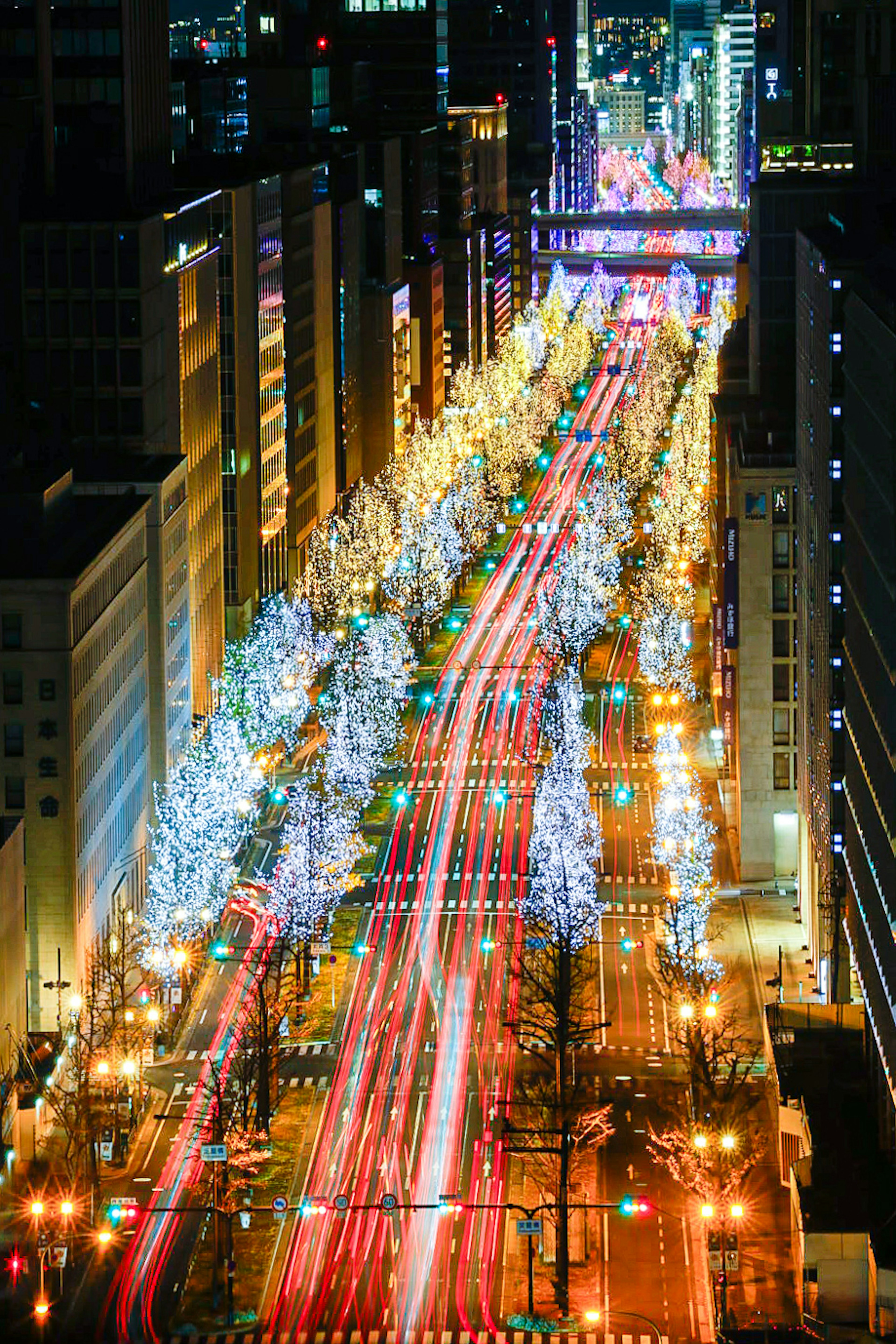 Aerial view of a bustling city street illuminated by lights and trees