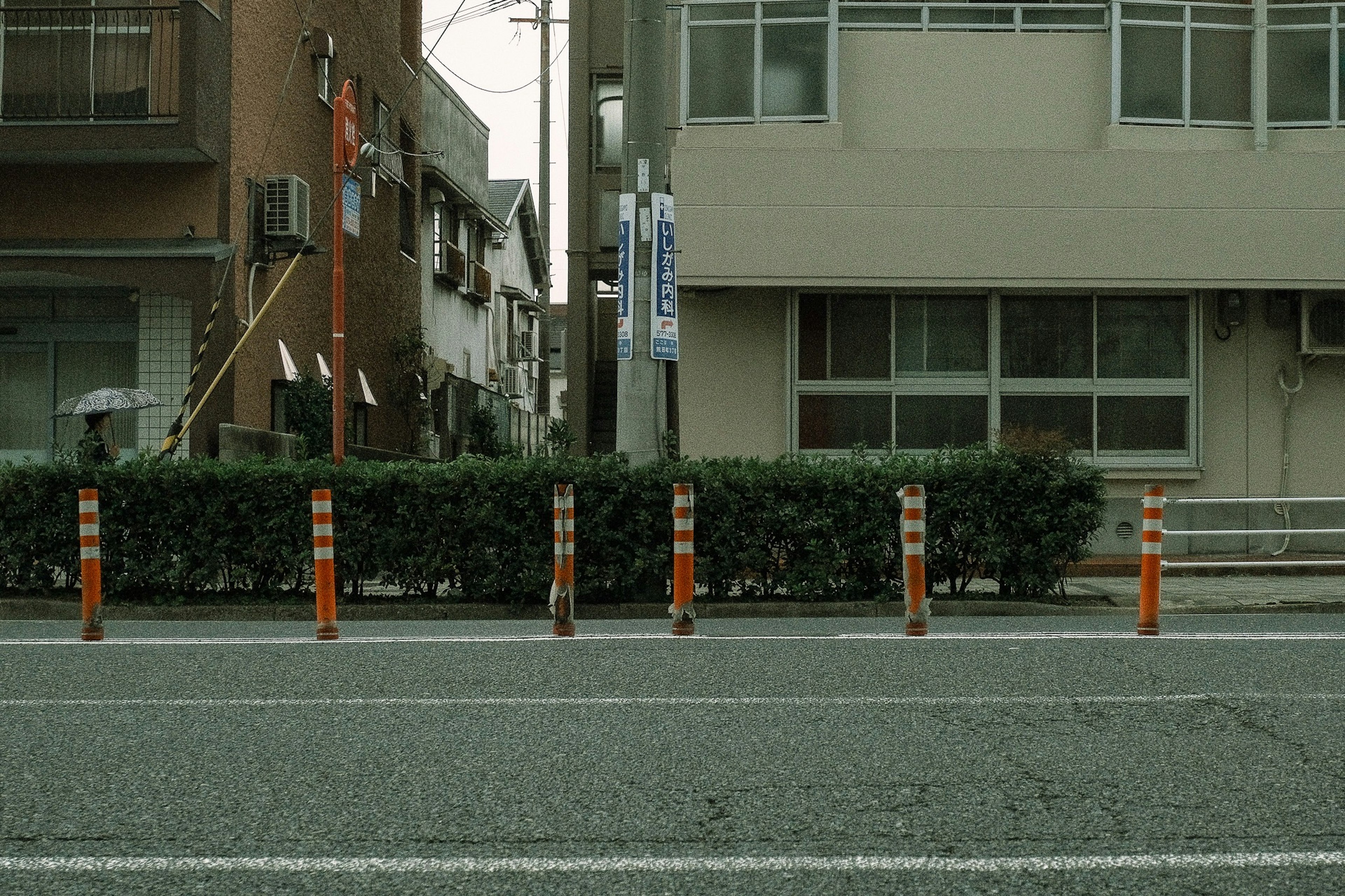 Row of orange poles and green hedge in an urban setting