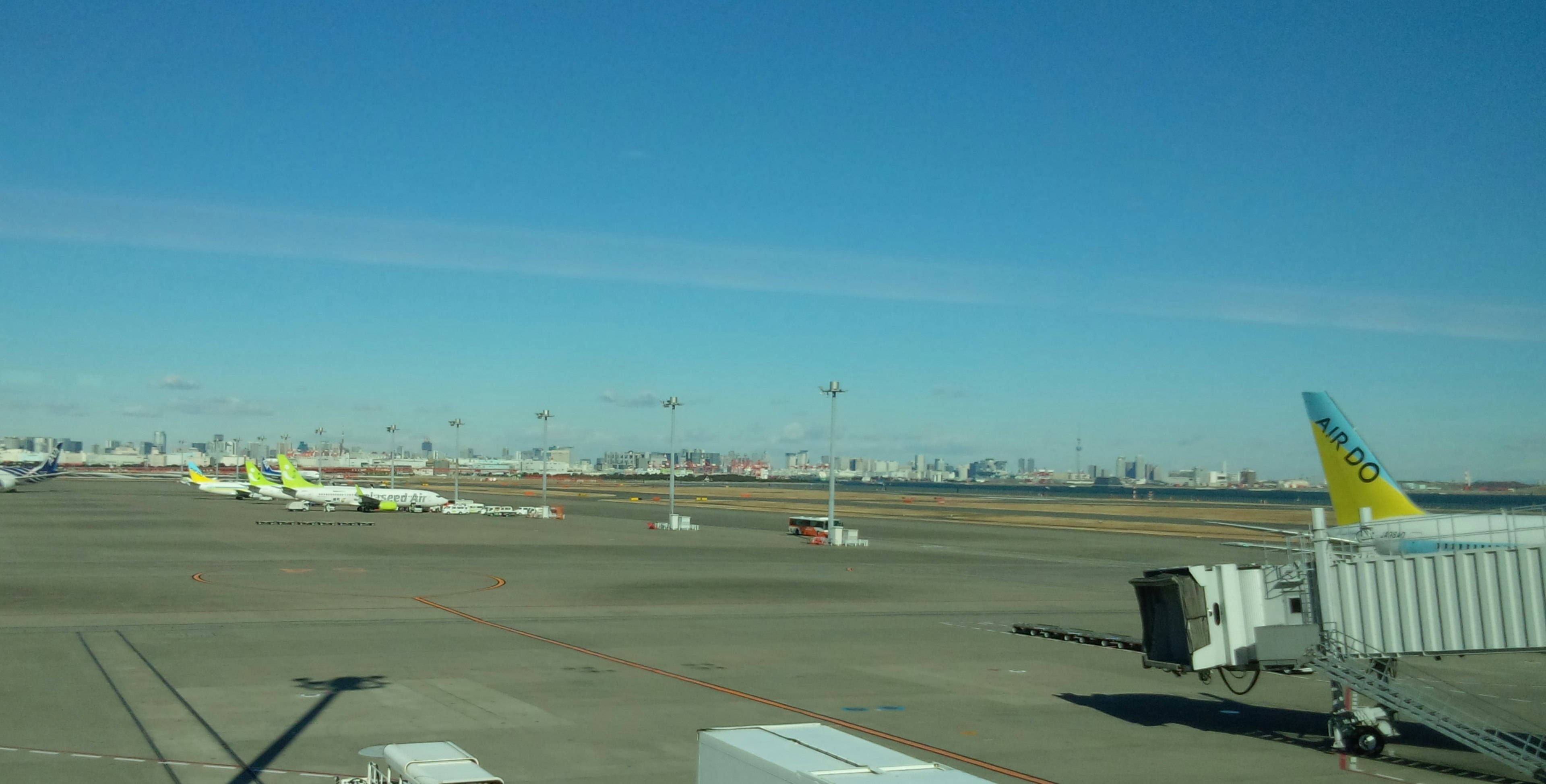 Avions alignés sur la piste sous un ciel bleu clair