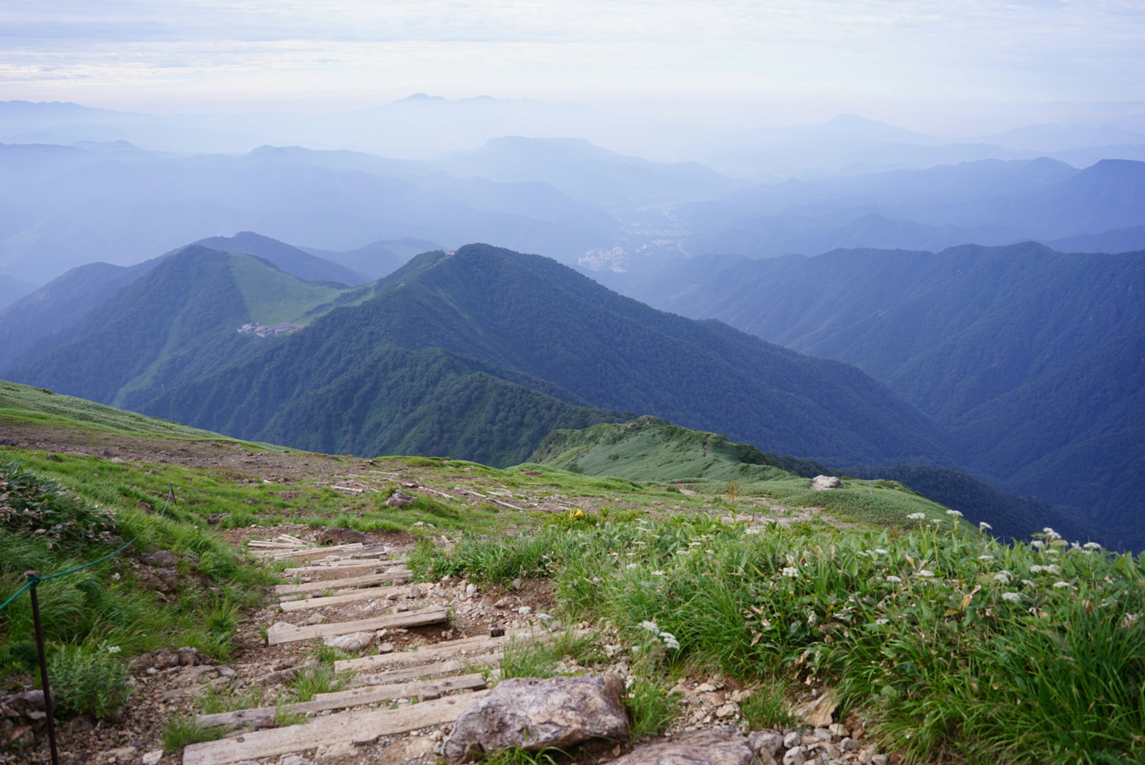 美しい山の景色と草に覆われた小道