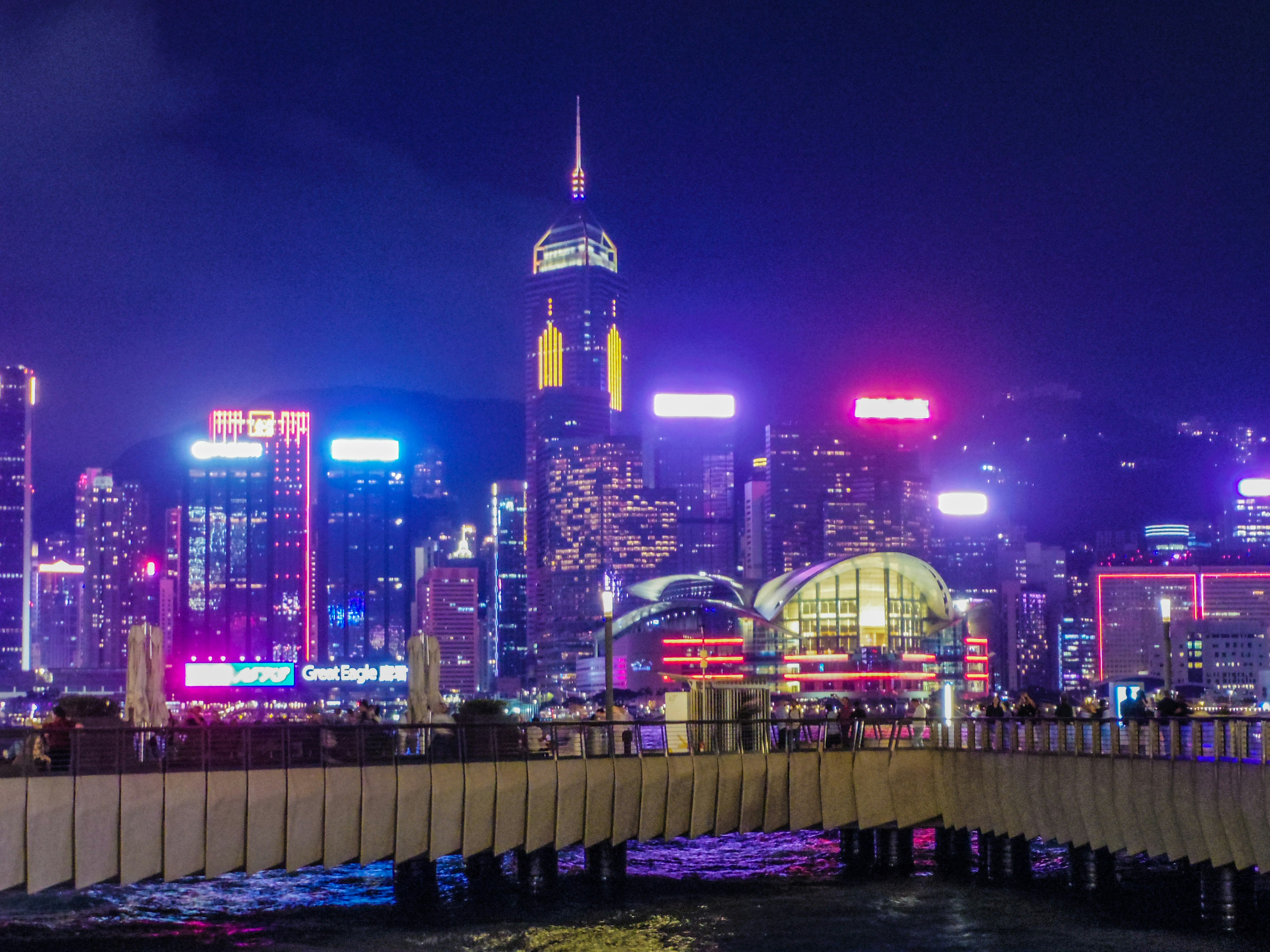 Vibrant night skyline of Hong Kong with colorful neon lights