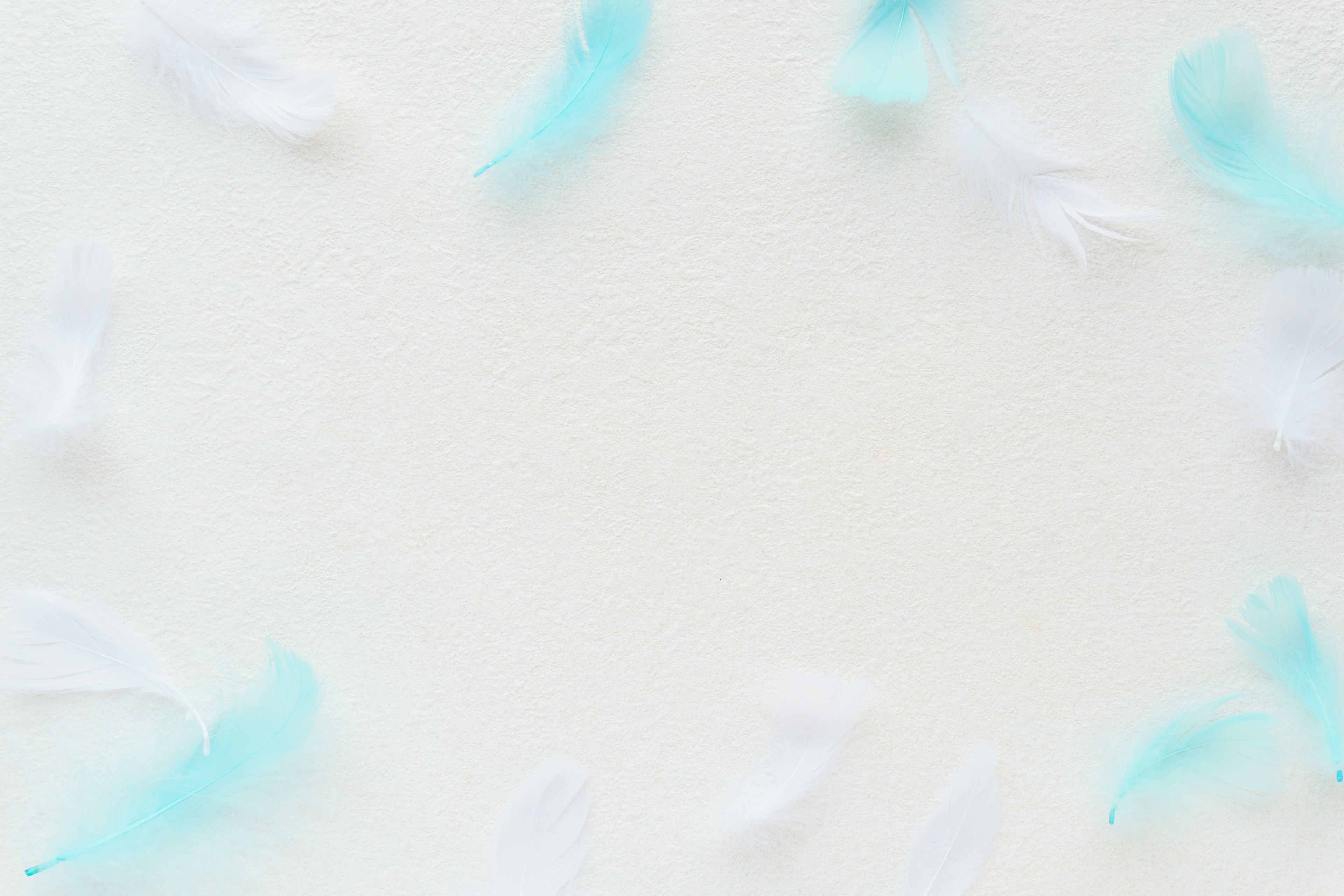 Light blue and white feathers scattered on a background