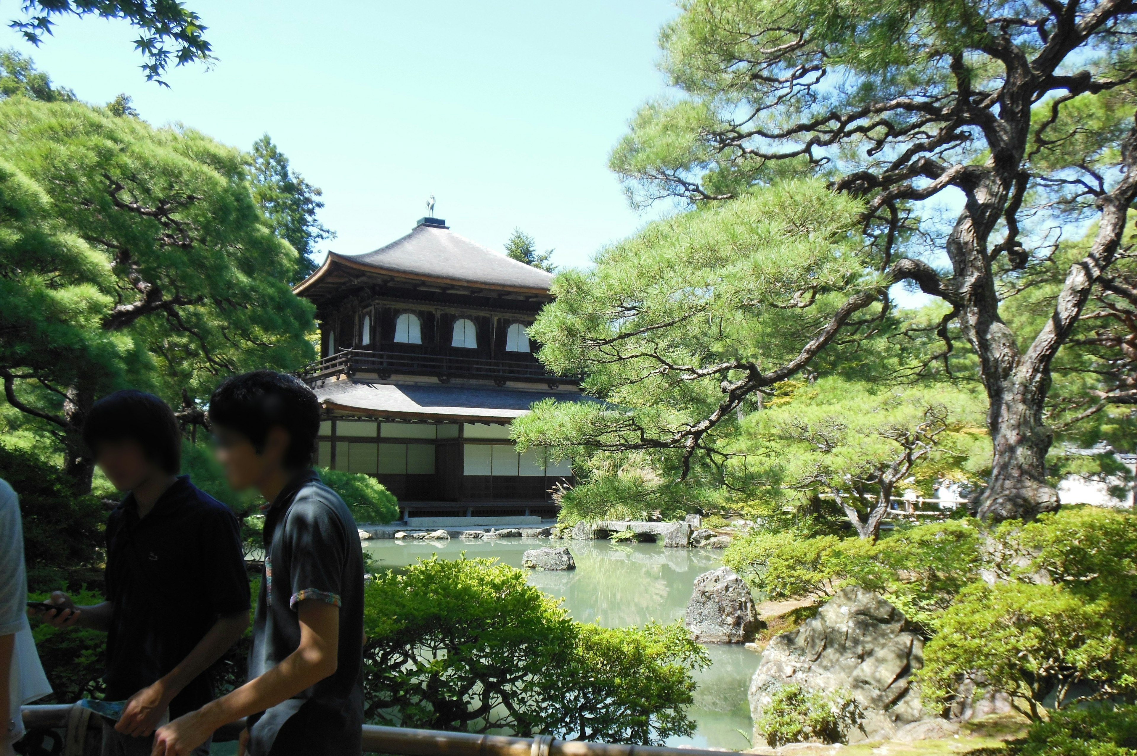 Ginkaku-ji umgeben von üppigem Grün in einem ruhigen Garten