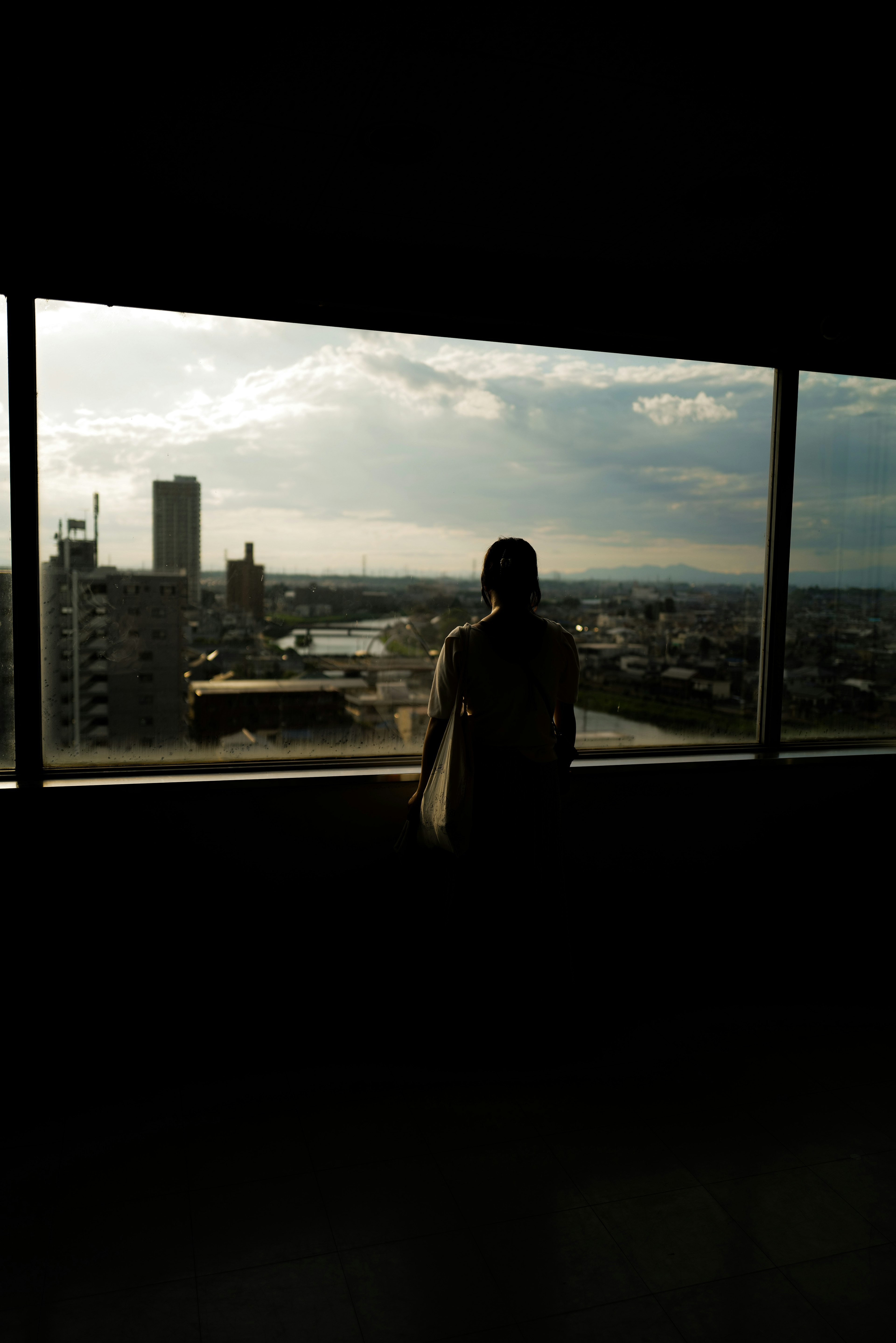 都市の景色を眺める人物のシルエット