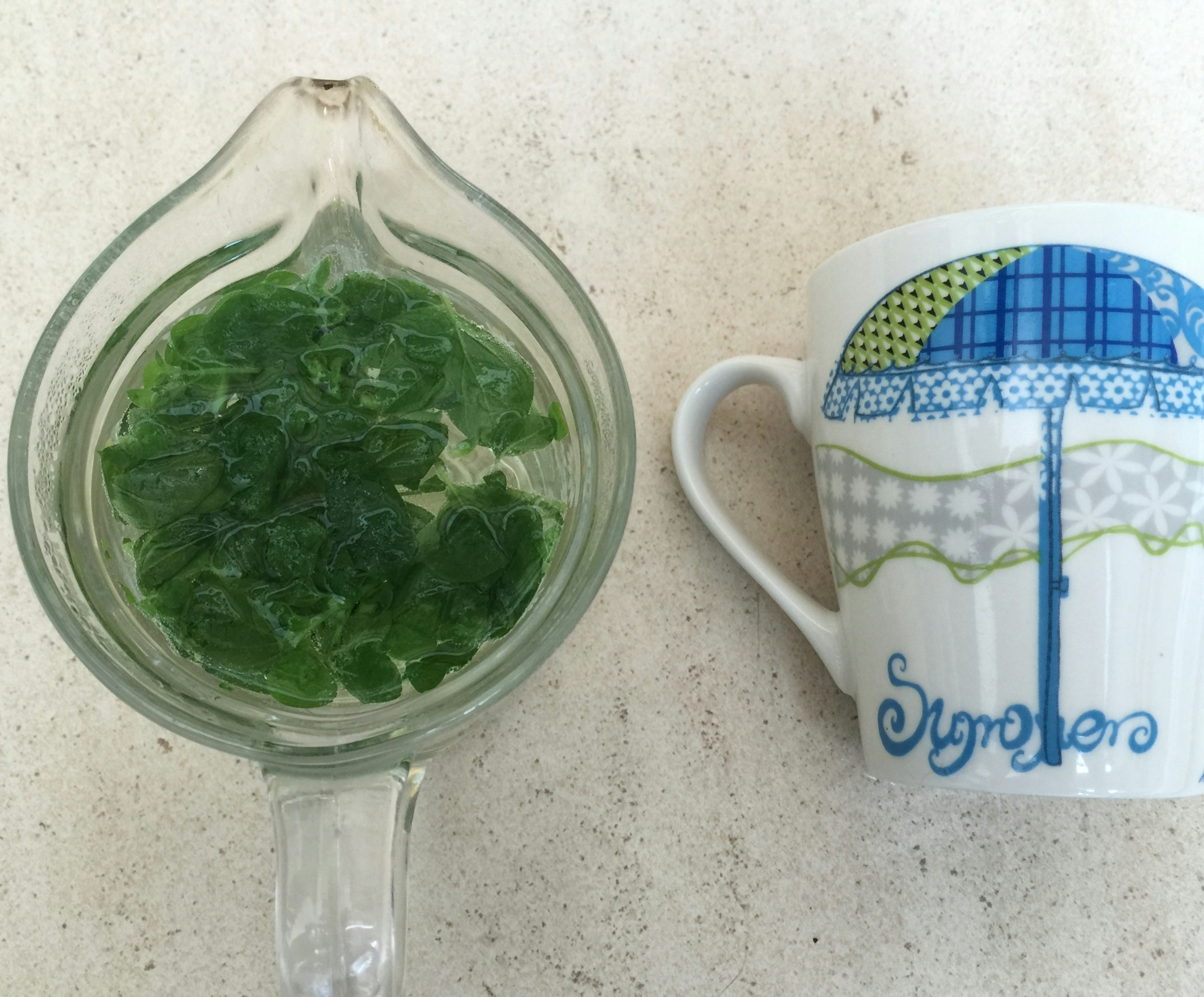 Conteneur transparent avec des feuilles de menthe verte et tasse au design coloré d'ombrelle