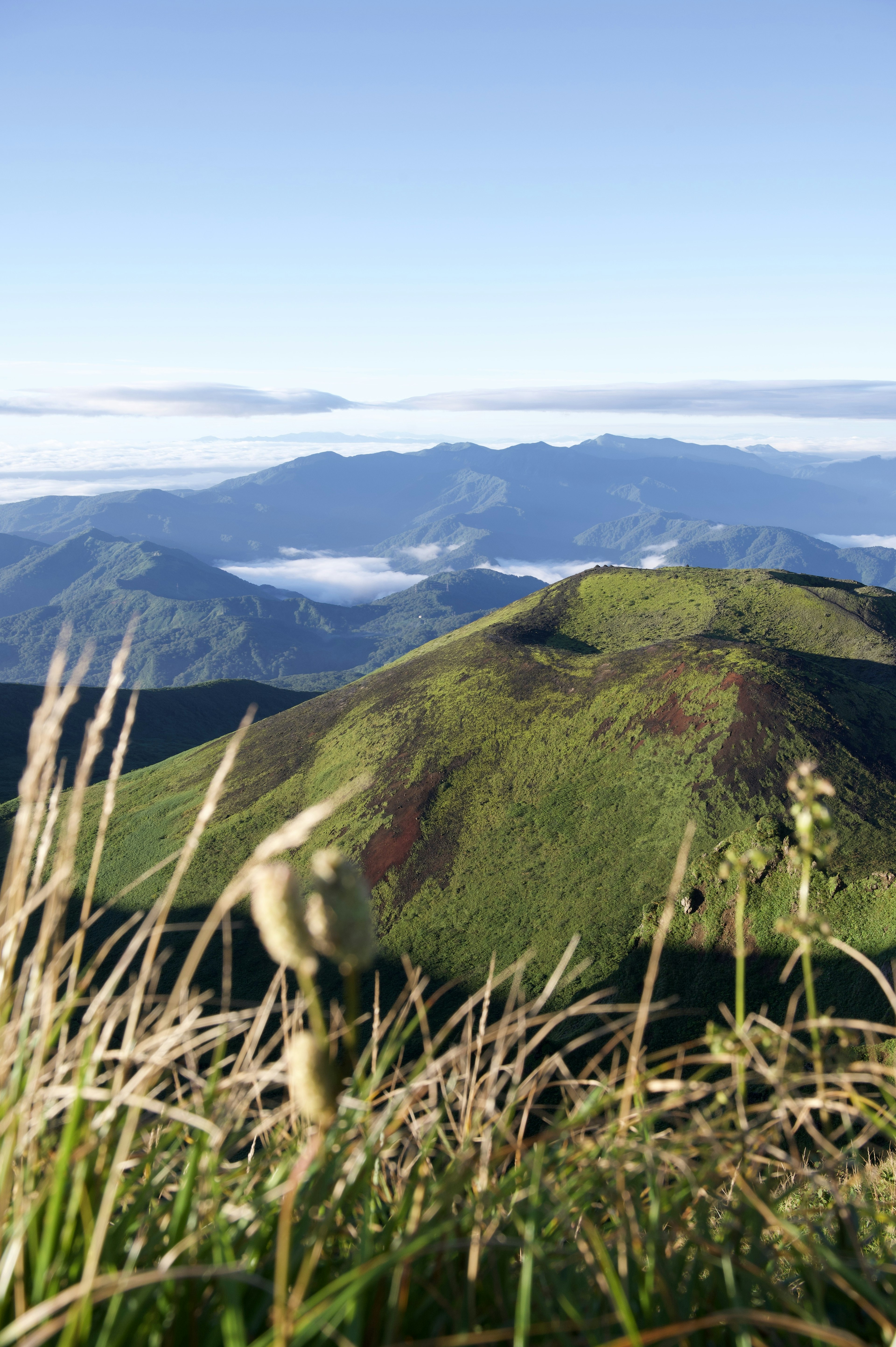 郁郁蔥蔥的綠色山丘在晴朗的藍天下與霧氣瀰漫的山谷