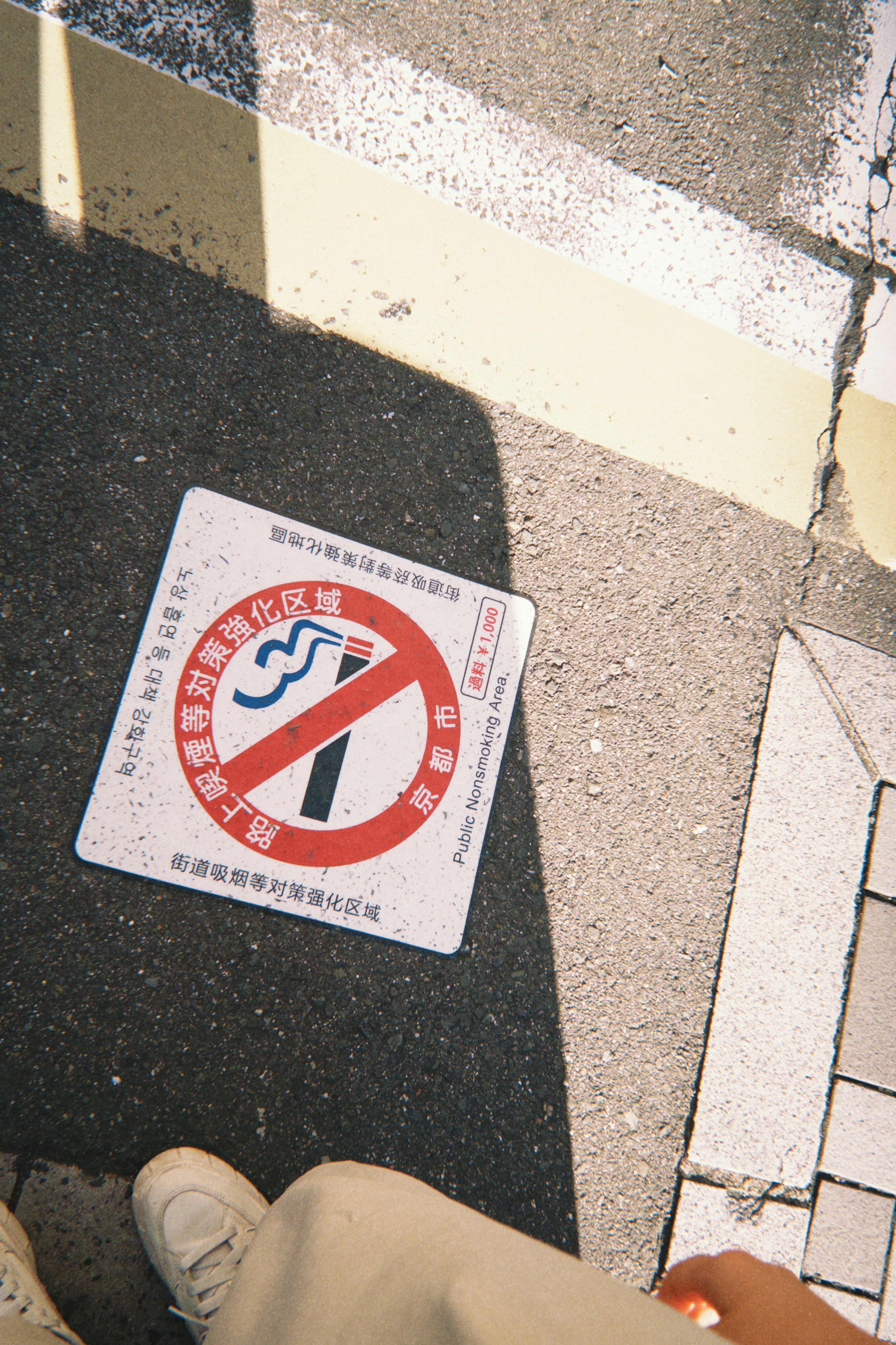 A no smoking sign on the ground with surrounding pavement