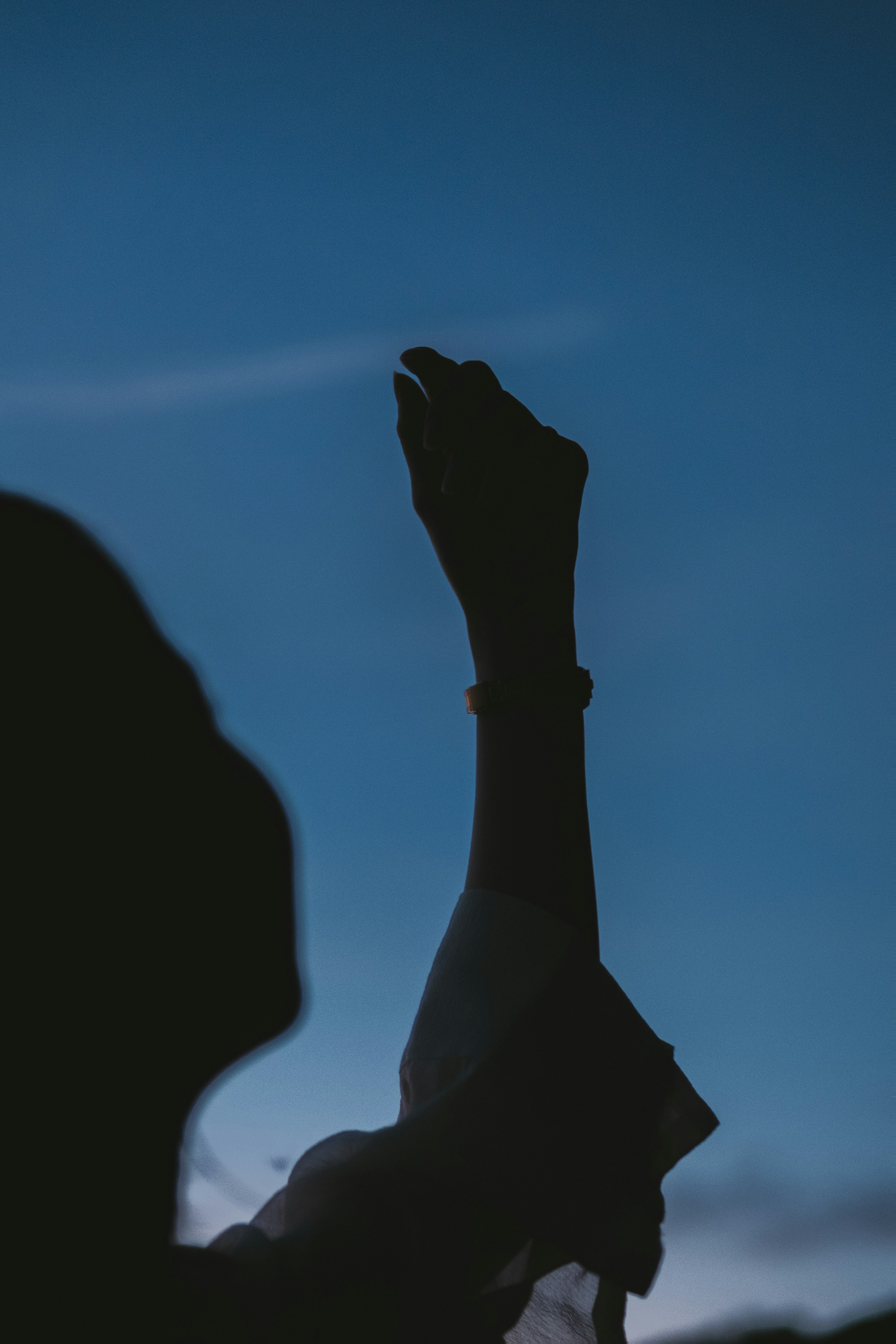 Silhouette di una donna che alza la mano sotto un cielo blu