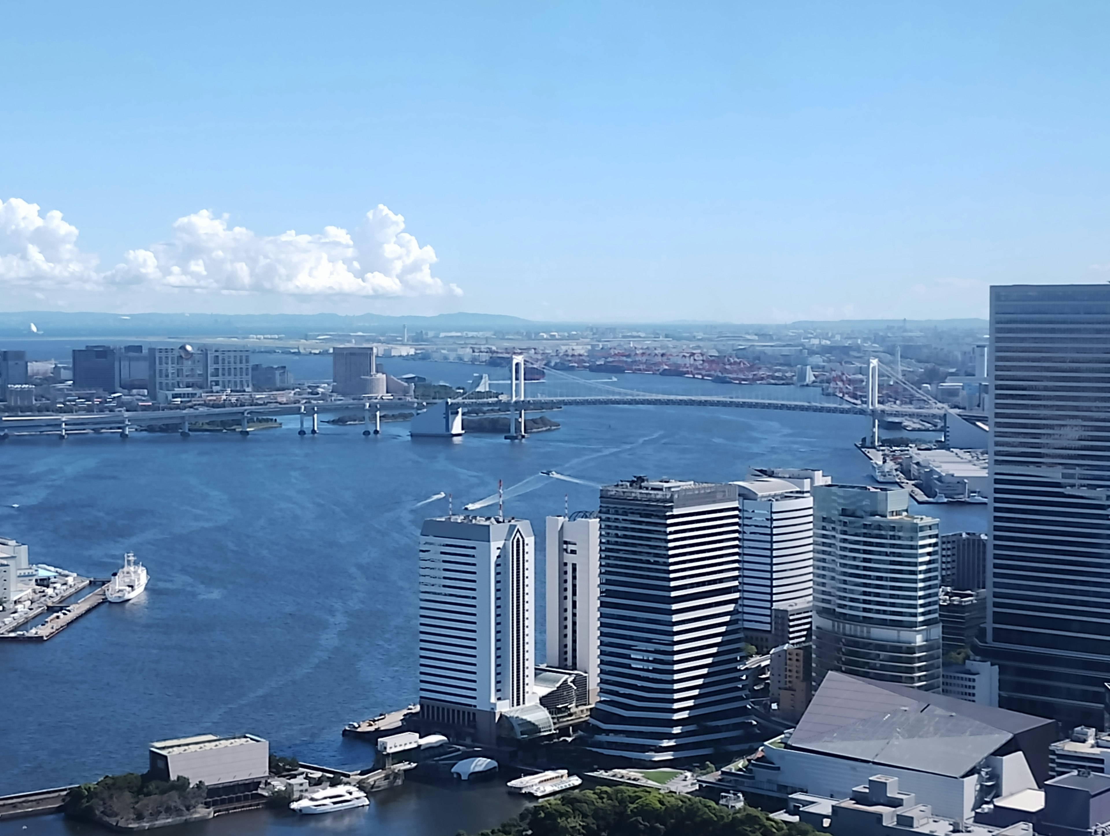 Pemandangan panorama kota di bawah langit biru dengan bangunan modern dan jembatan di sepanjang tepi air