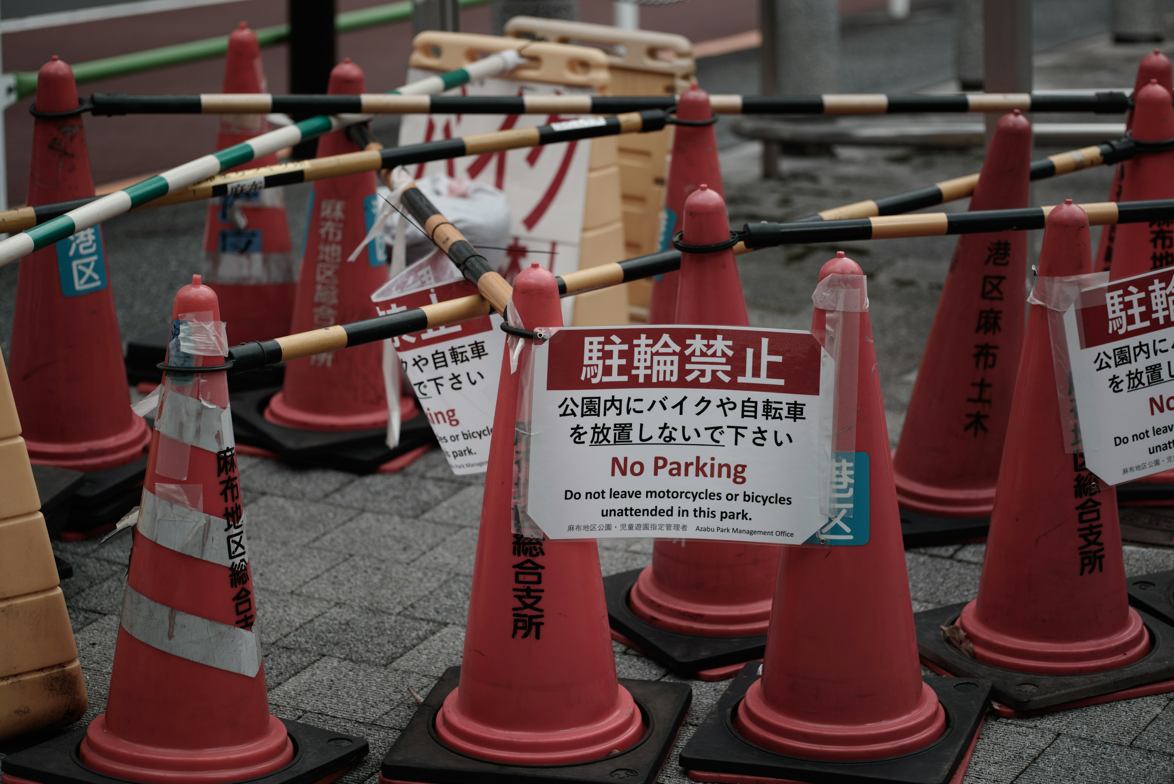 一个红色路锥和禁止停车标志的场景