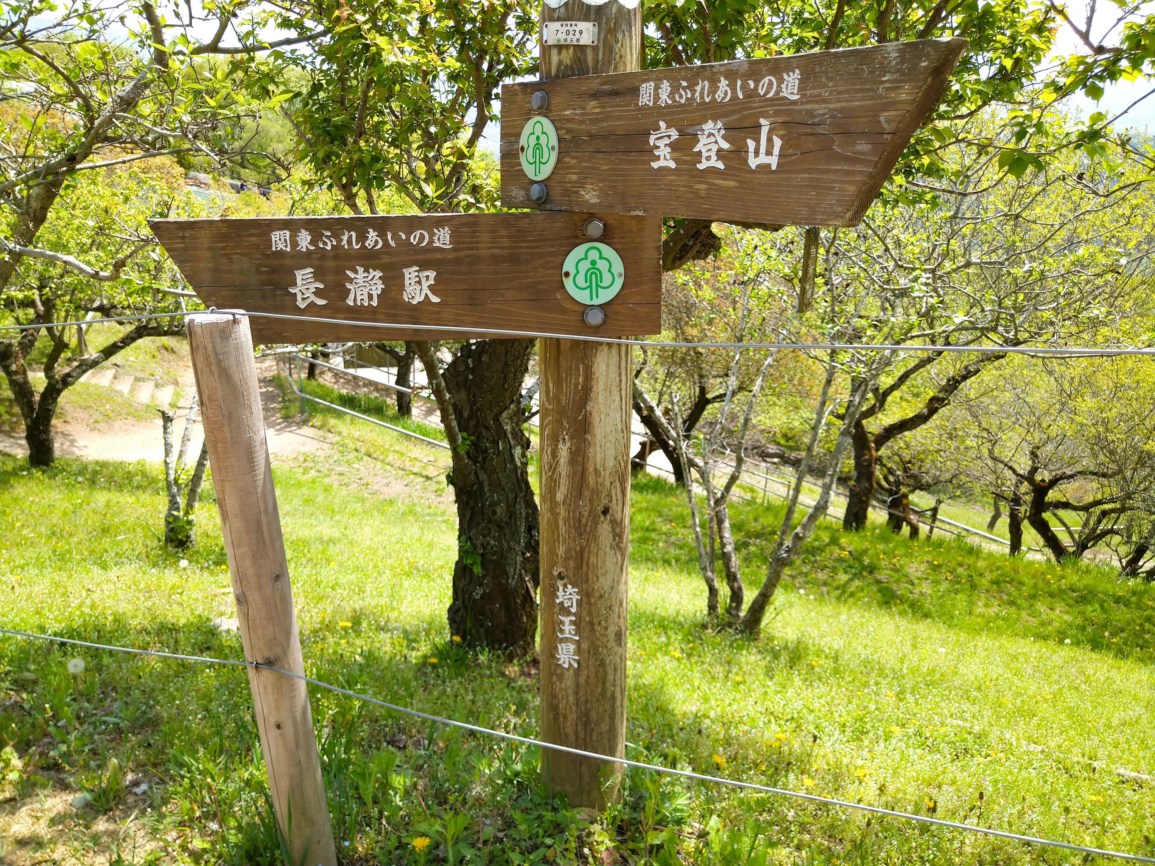 Holzschild in einer grünen Hügel-Landschaft