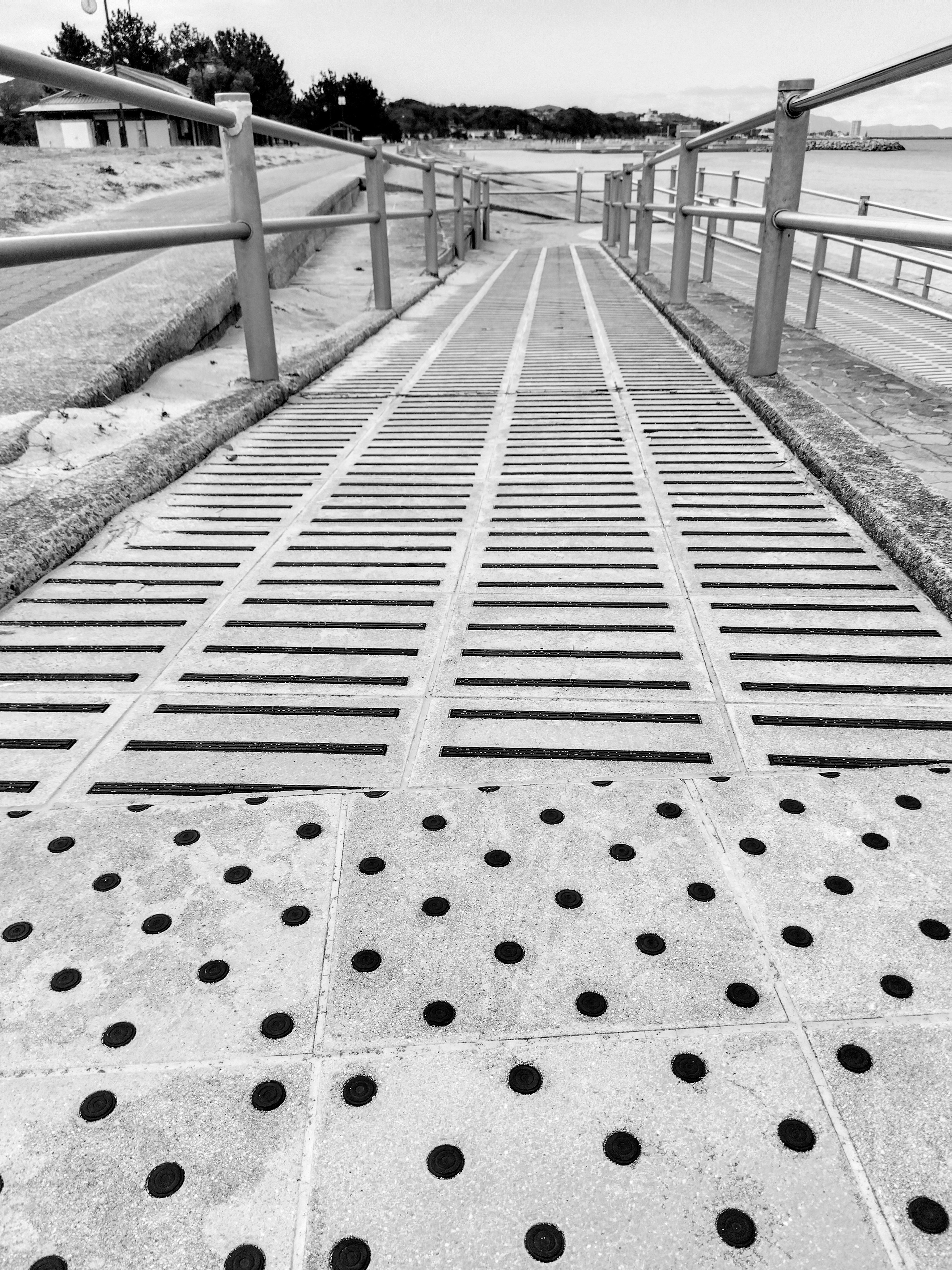 Camino en blanco y negro con barandillas que conducen a una playa