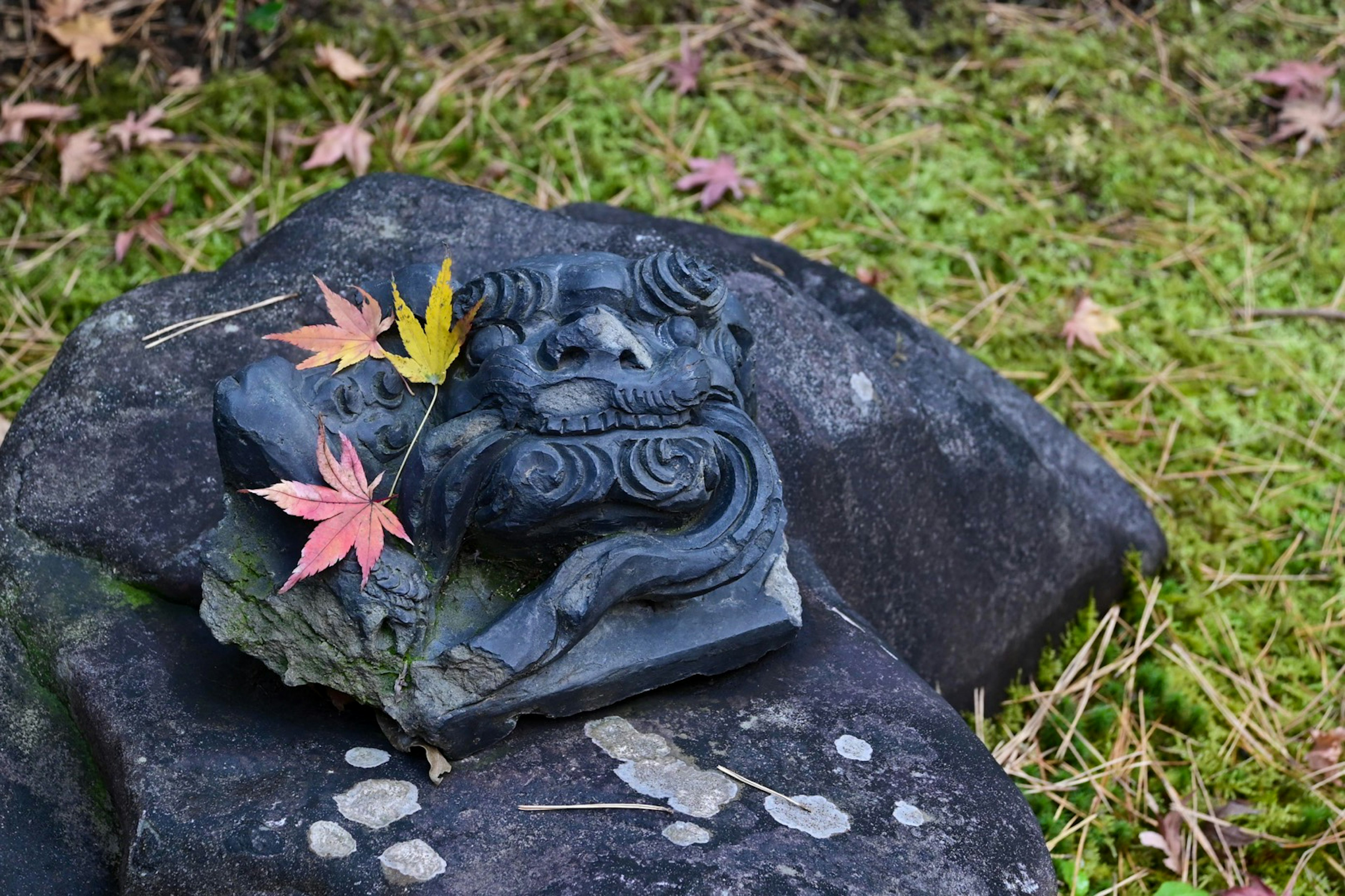 石の上に置かれた黒い彫刻とカエデの葉