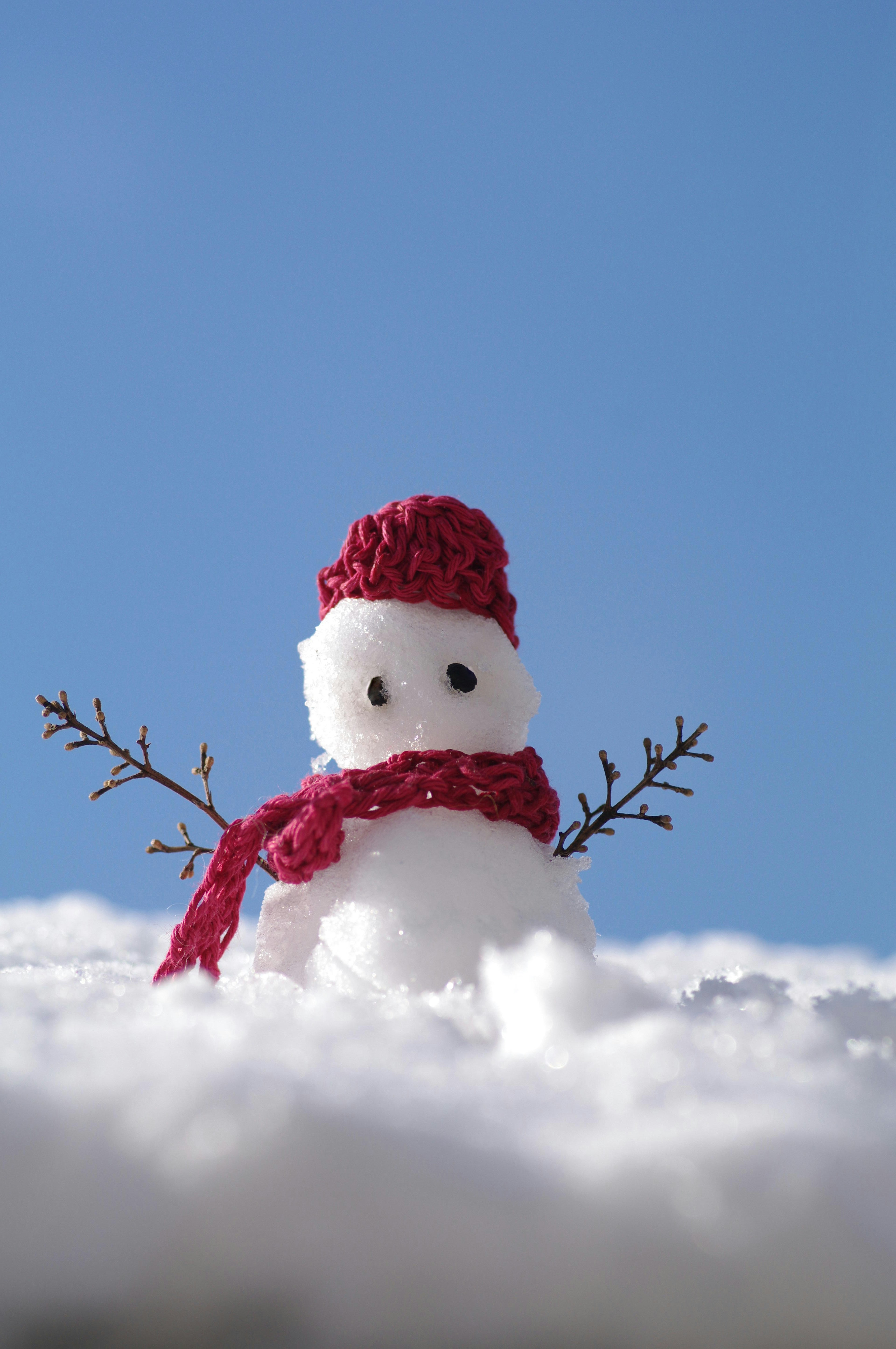 Schneemann vor blauem Himmel mit rotem Hut und Schal