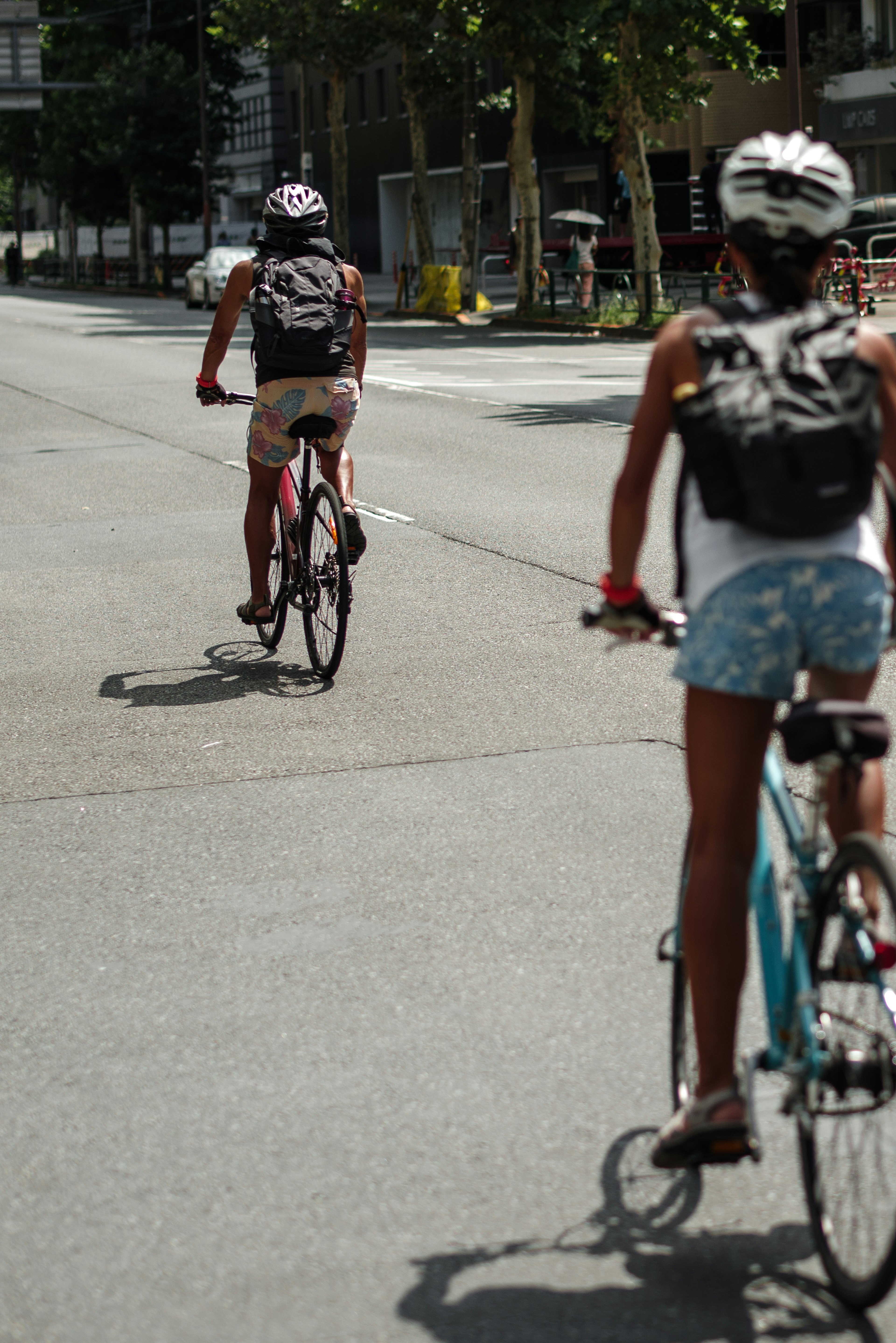 Two cyclists riding on a paved road