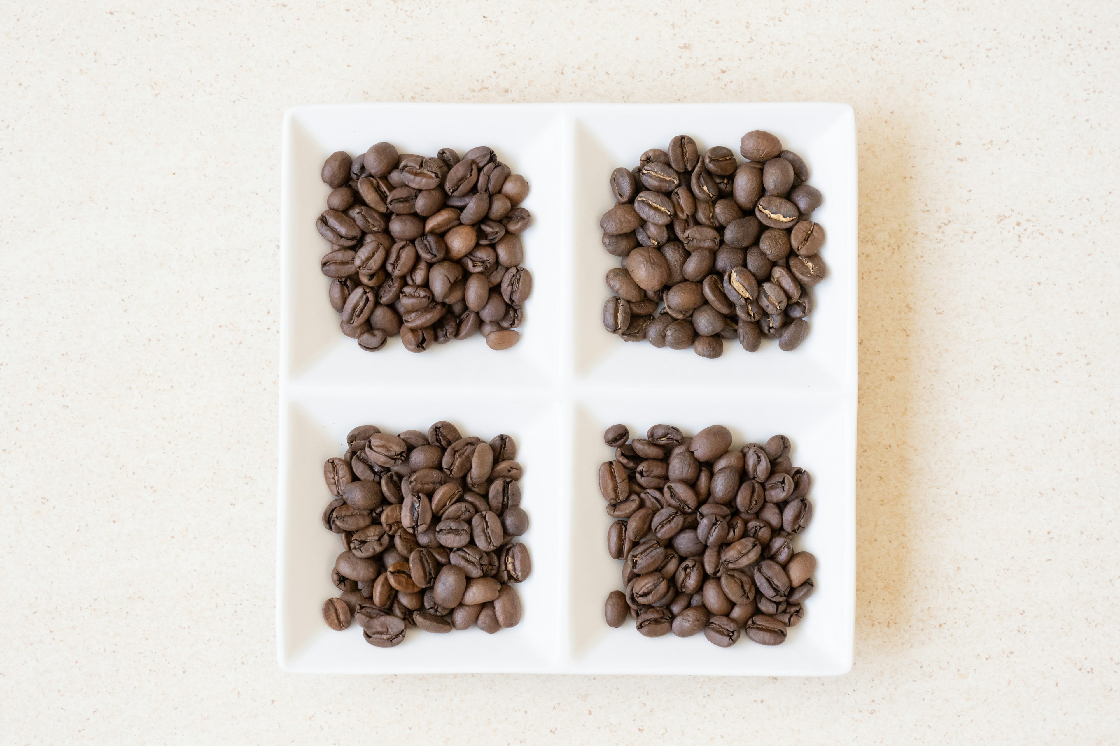 Arrangement of coffee beans in four sections