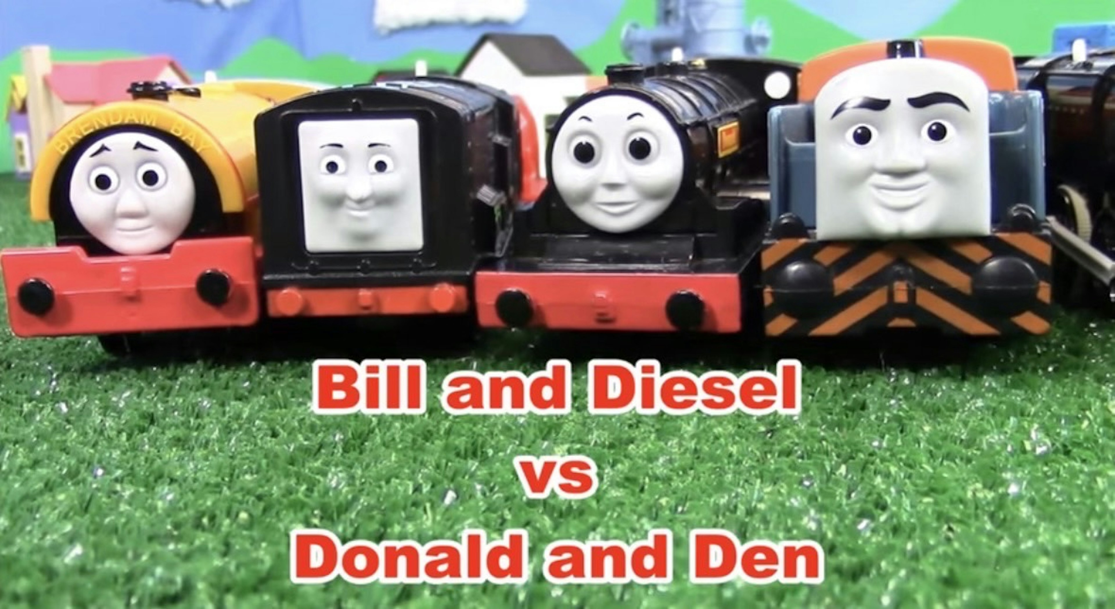 Bill y Diesel enfrentándose a Donald y Den con personajes de tren de juguete