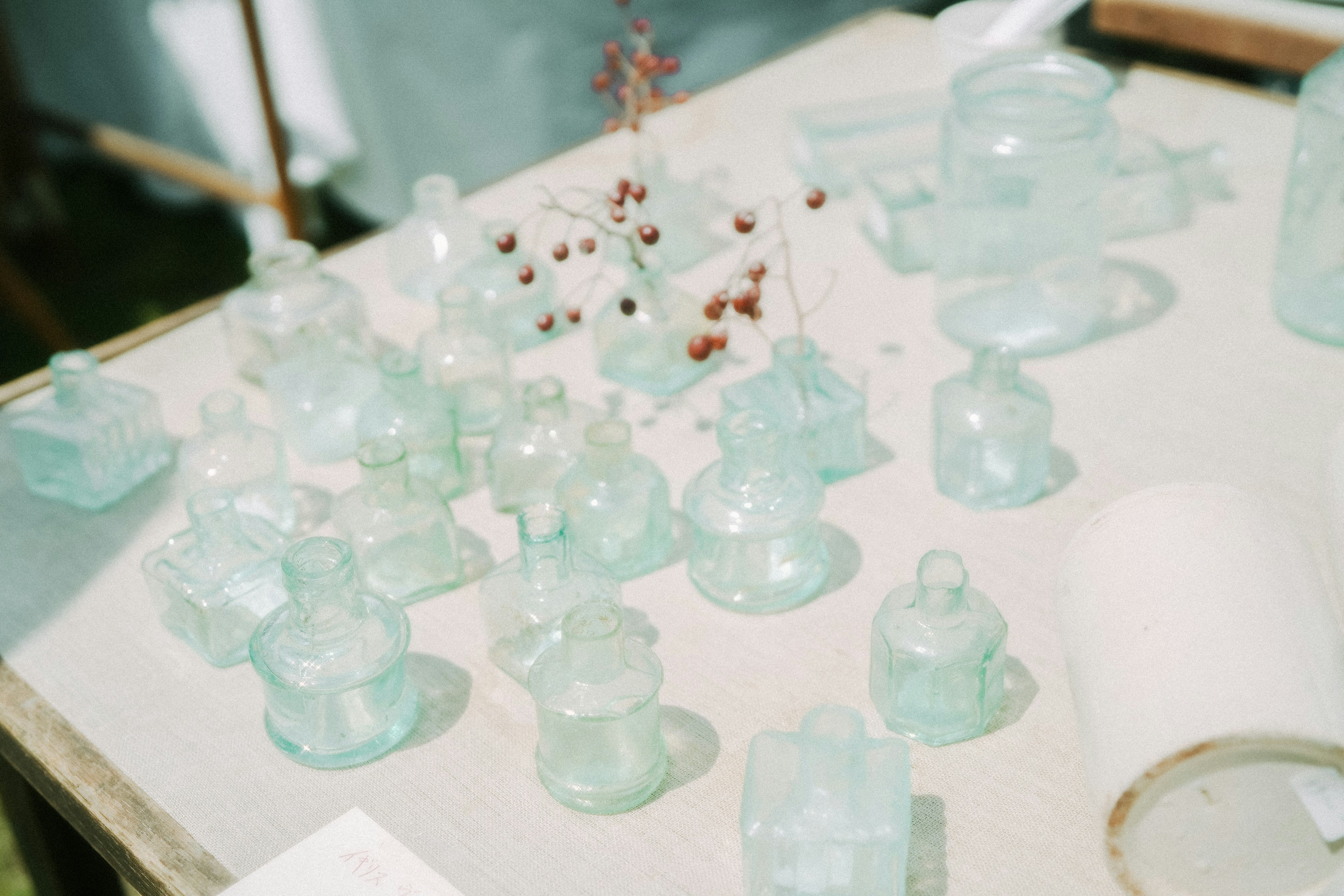 Various translucent glass objects displayed on a table