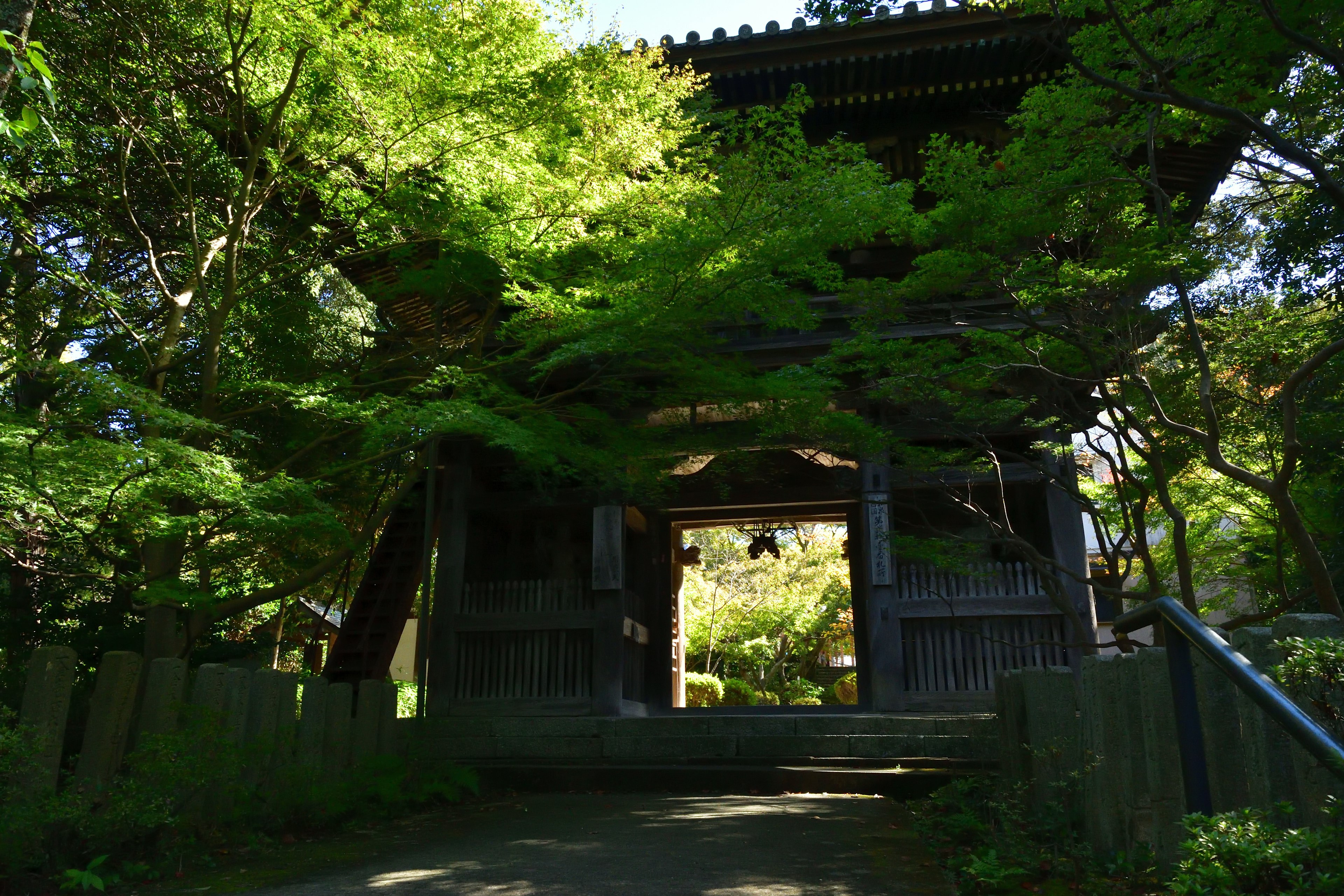 Traditional Japanese gate surrounded by lush greenery