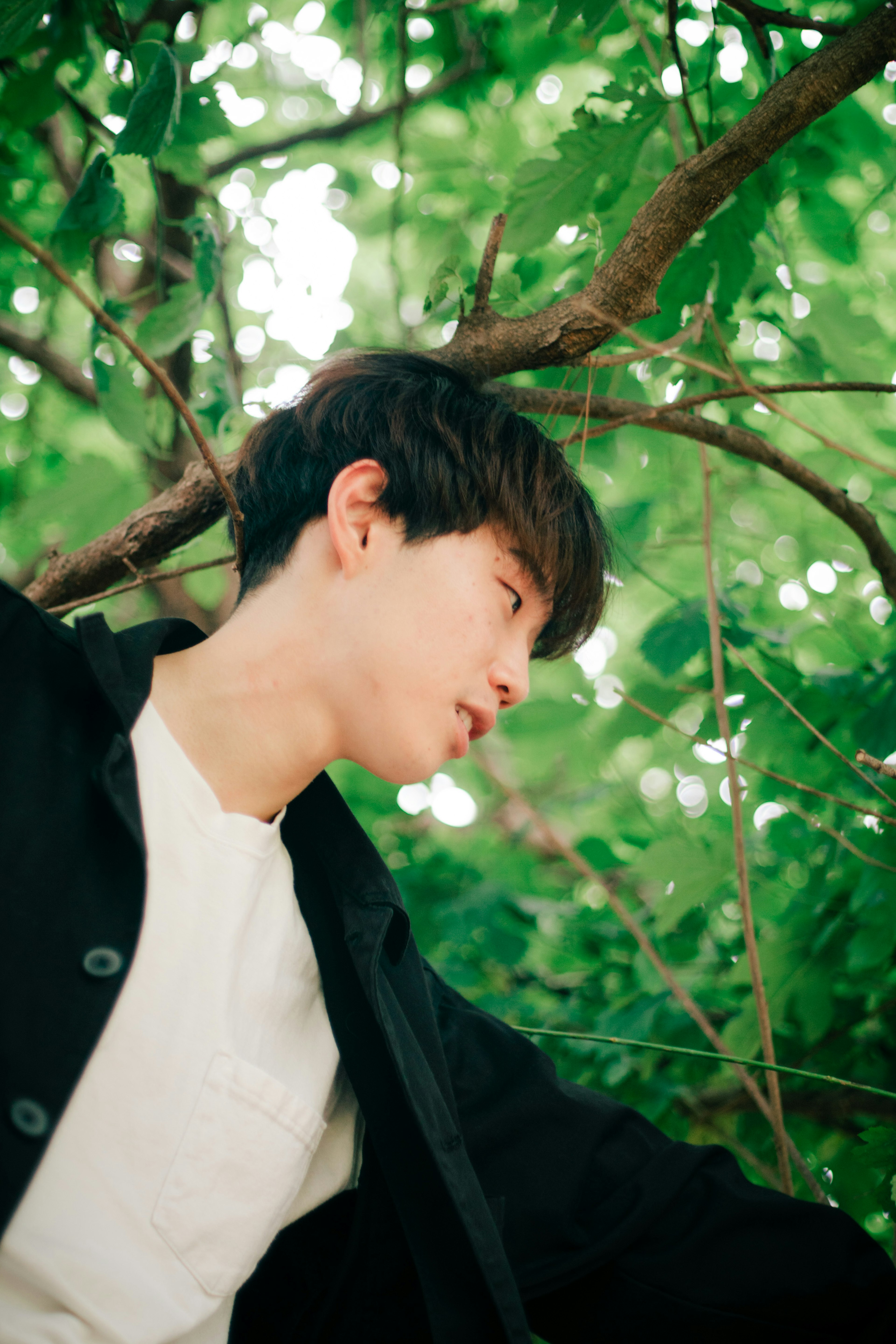 Young person leaning against a tree branch surrounded by green leaves