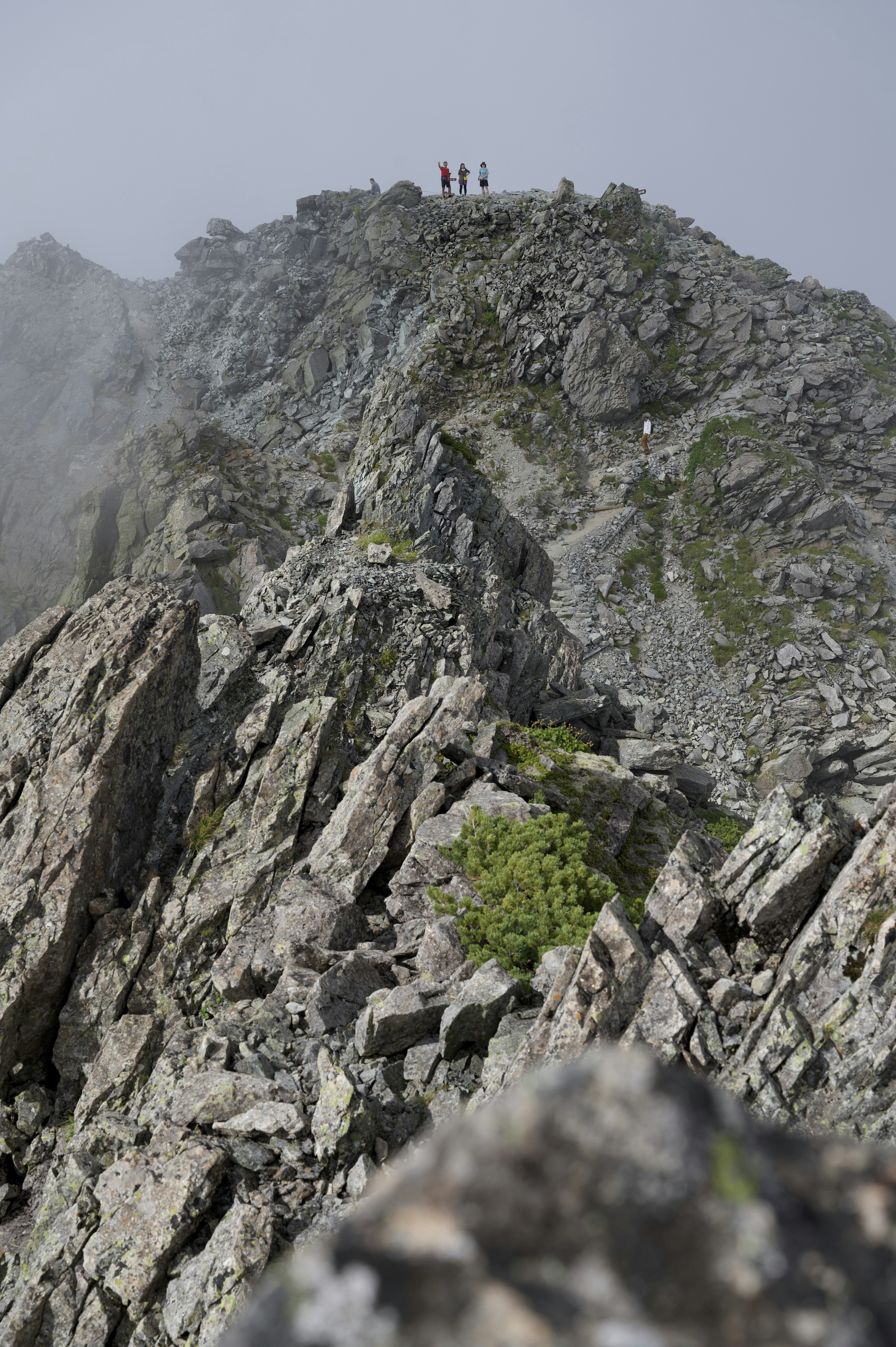 霧の中の岩山の頂上に立つ登山者たち