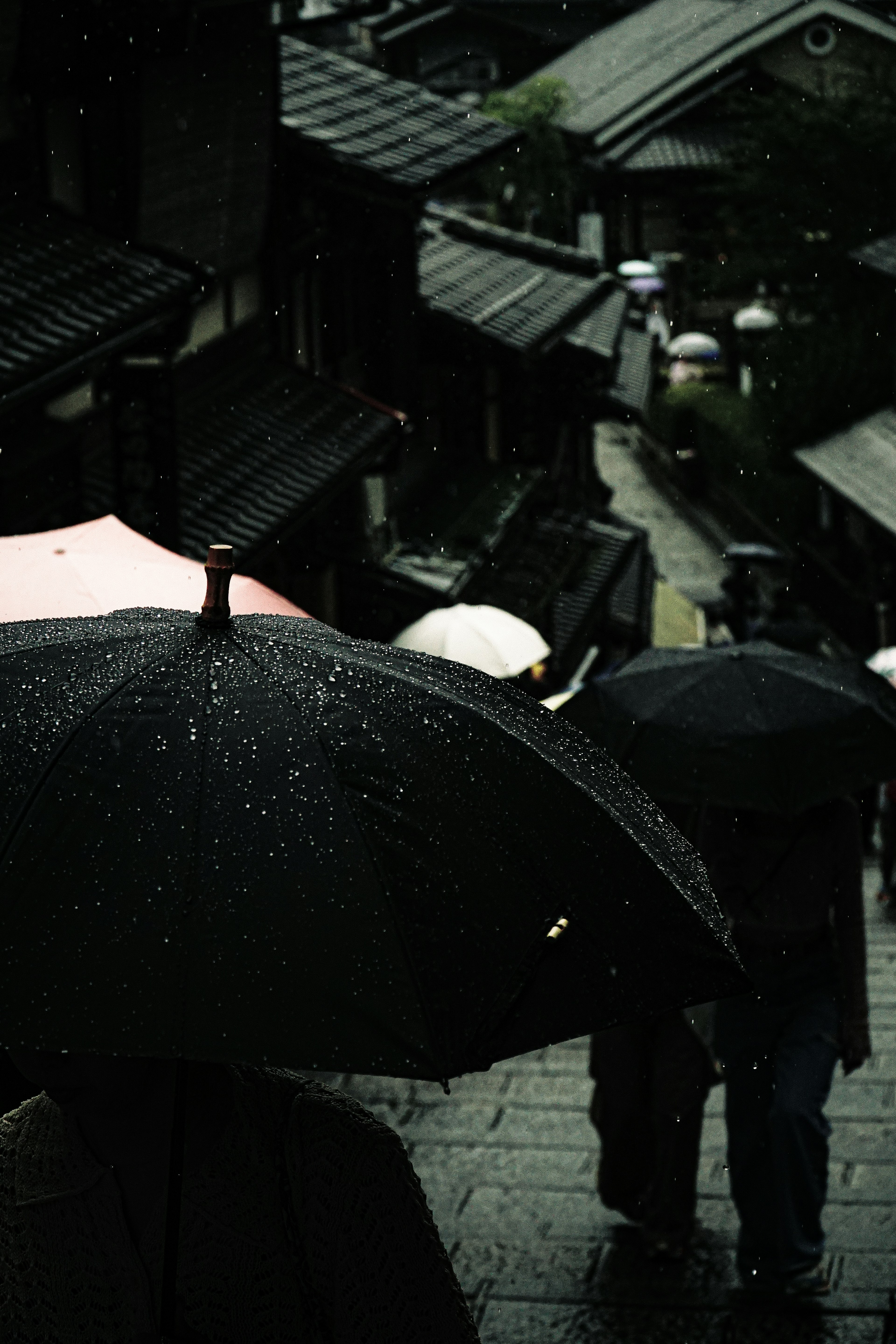 ผู้คนเดินในฝนพร้อมร่มบนทางหิน