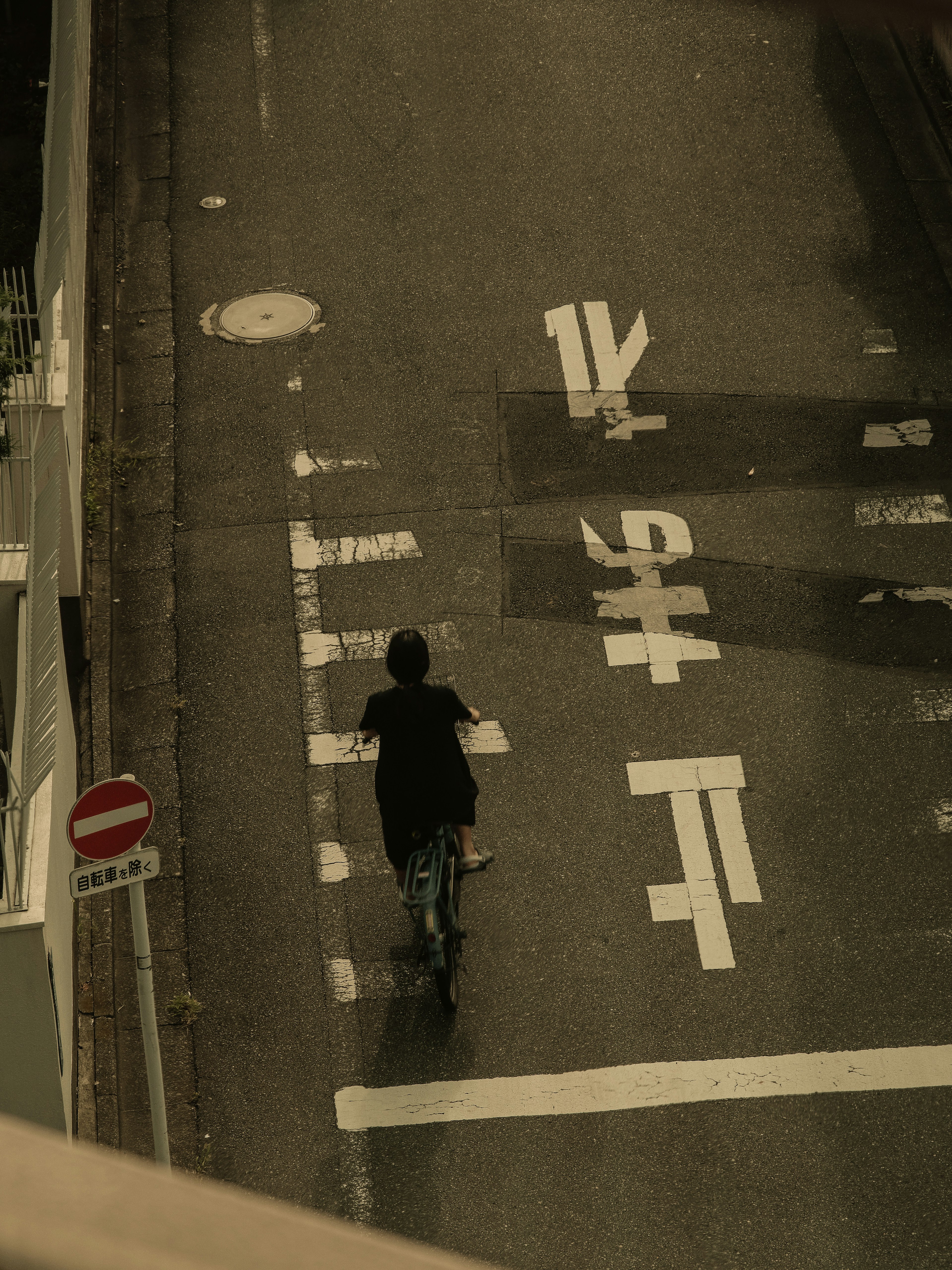 A person riding a bicycle on a street with traffic signs and white lines visible