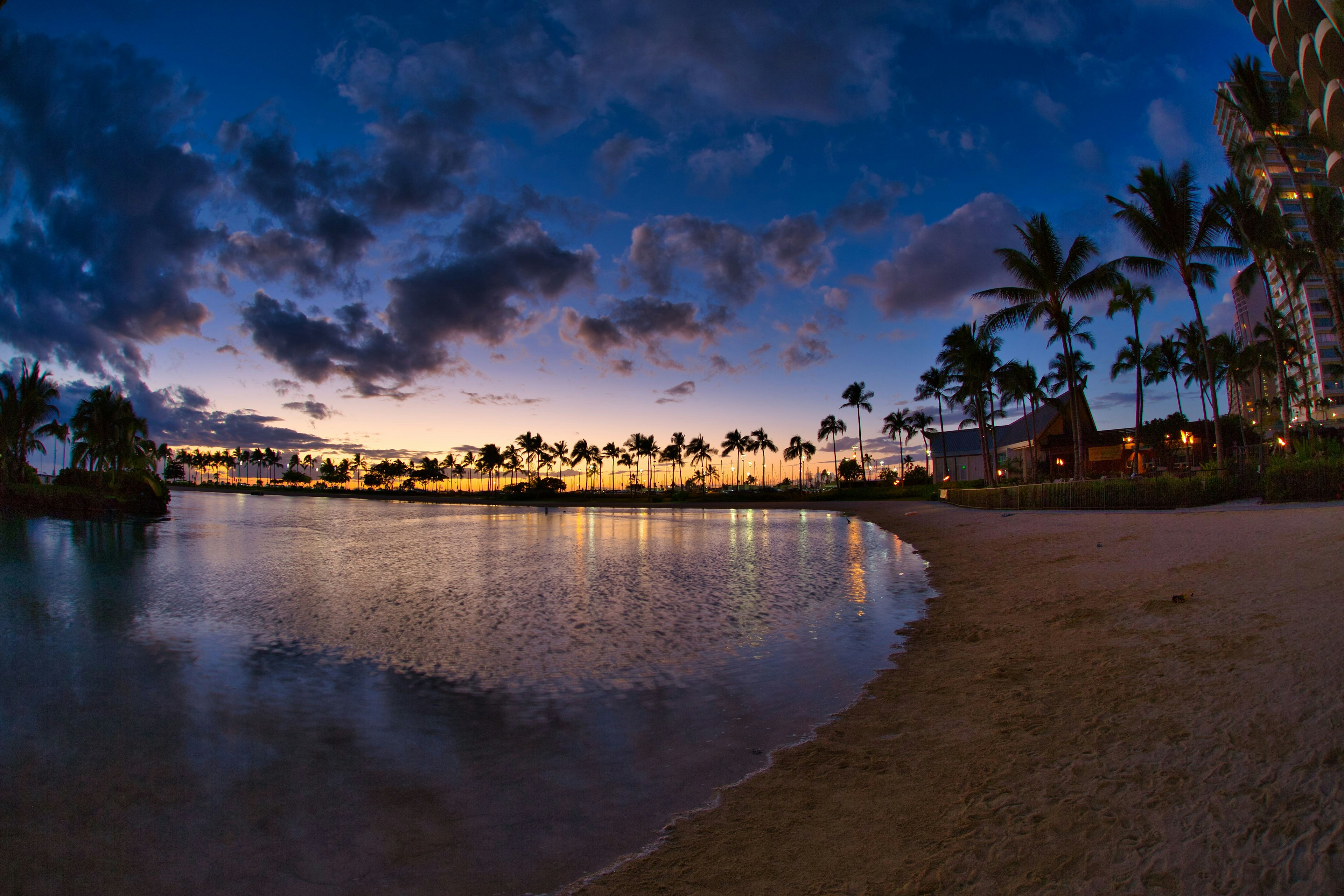 Magnifique scène de coucher de soleil sur la plage avec des reflets sur l'eau et des palmiers