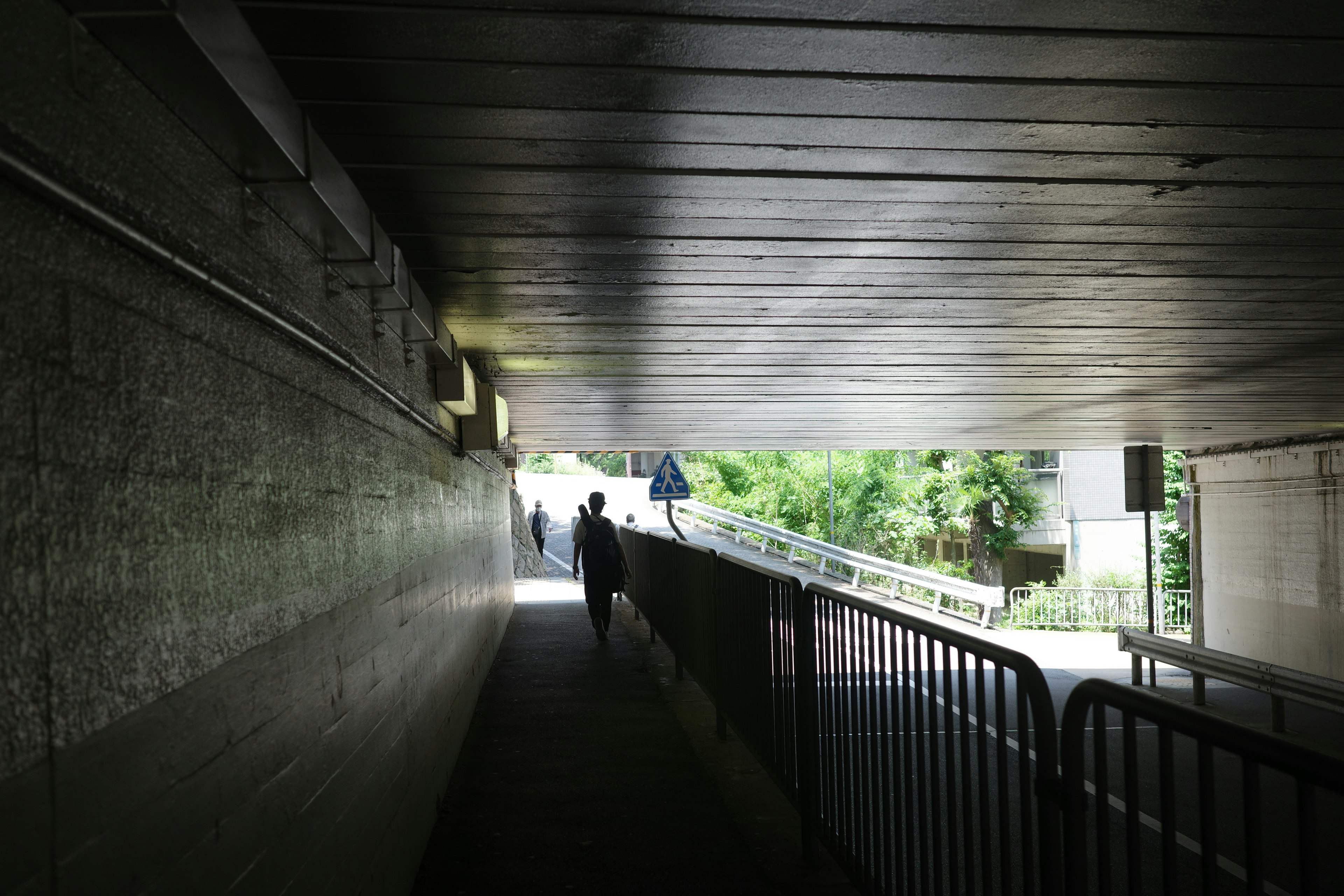 Une silhouette marchant dans un tunnel sombre avec des arbres verts à l'arrière-plan