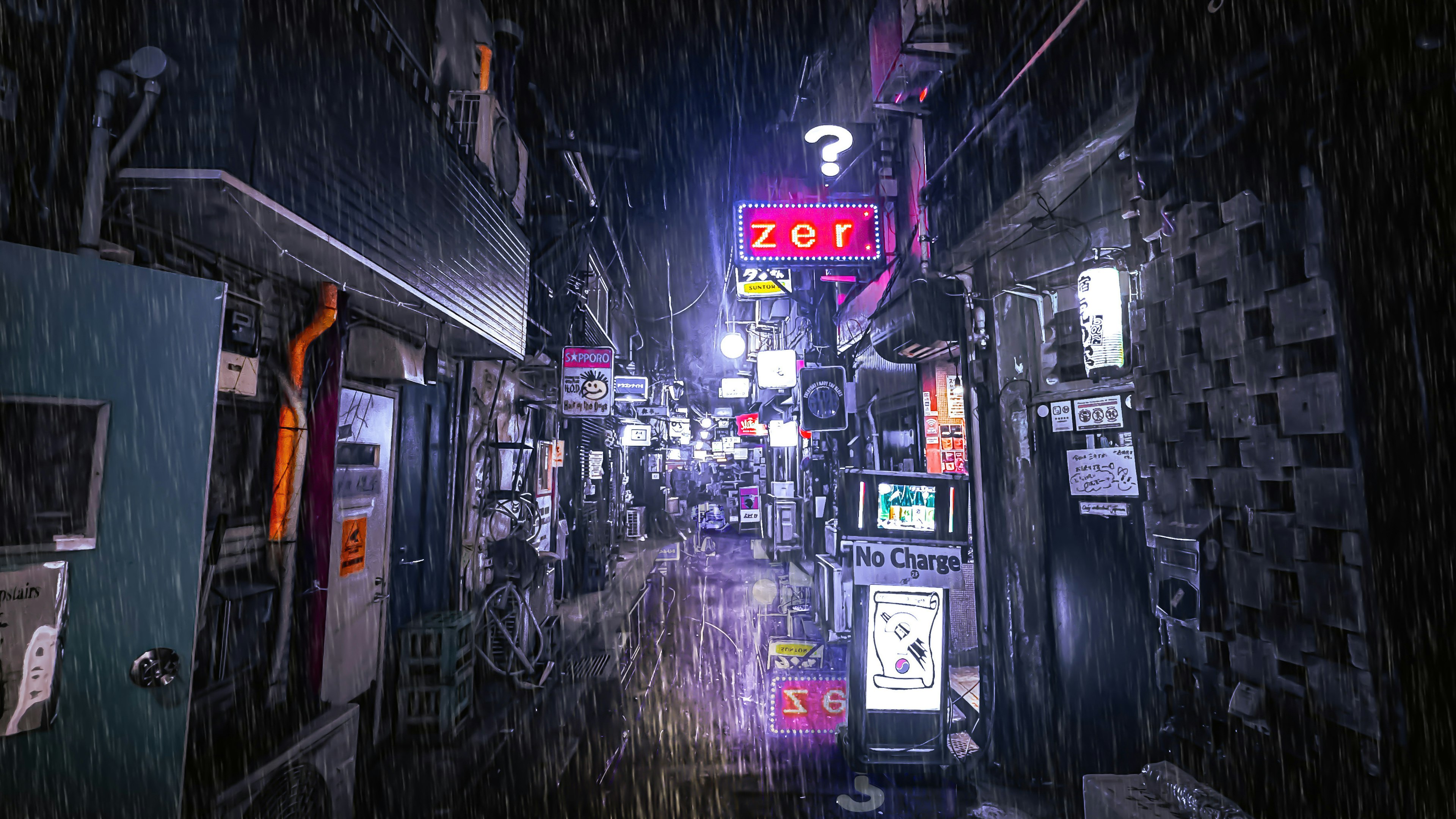 Allée étroite illuminée par des néons sous la pluie