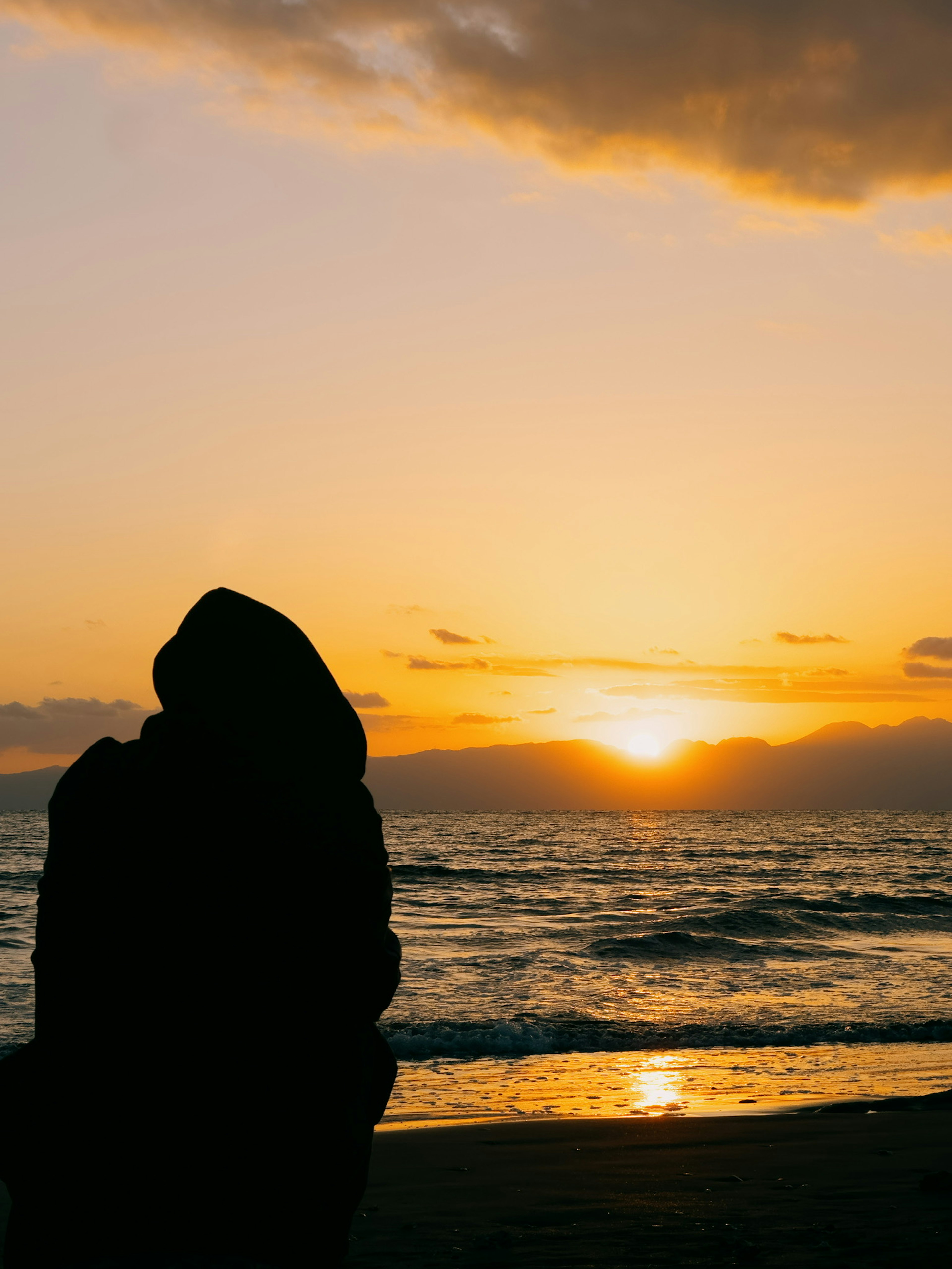 Seseorang mengenakan jaket dengan penutup kepala berdiri di pantai dengan matahari terbenam di latar belakang