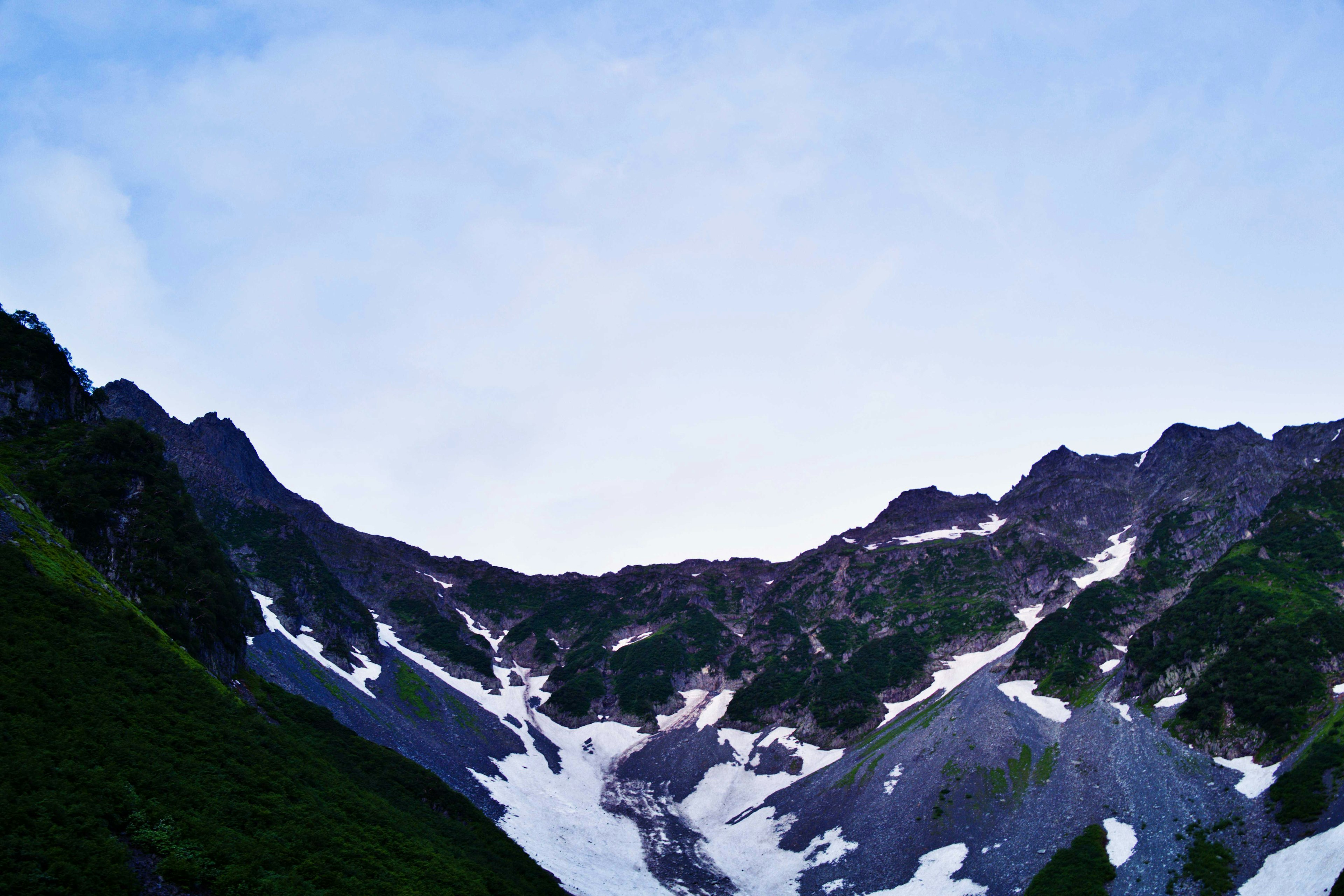 Mountain landscape with blue sky and snow patches