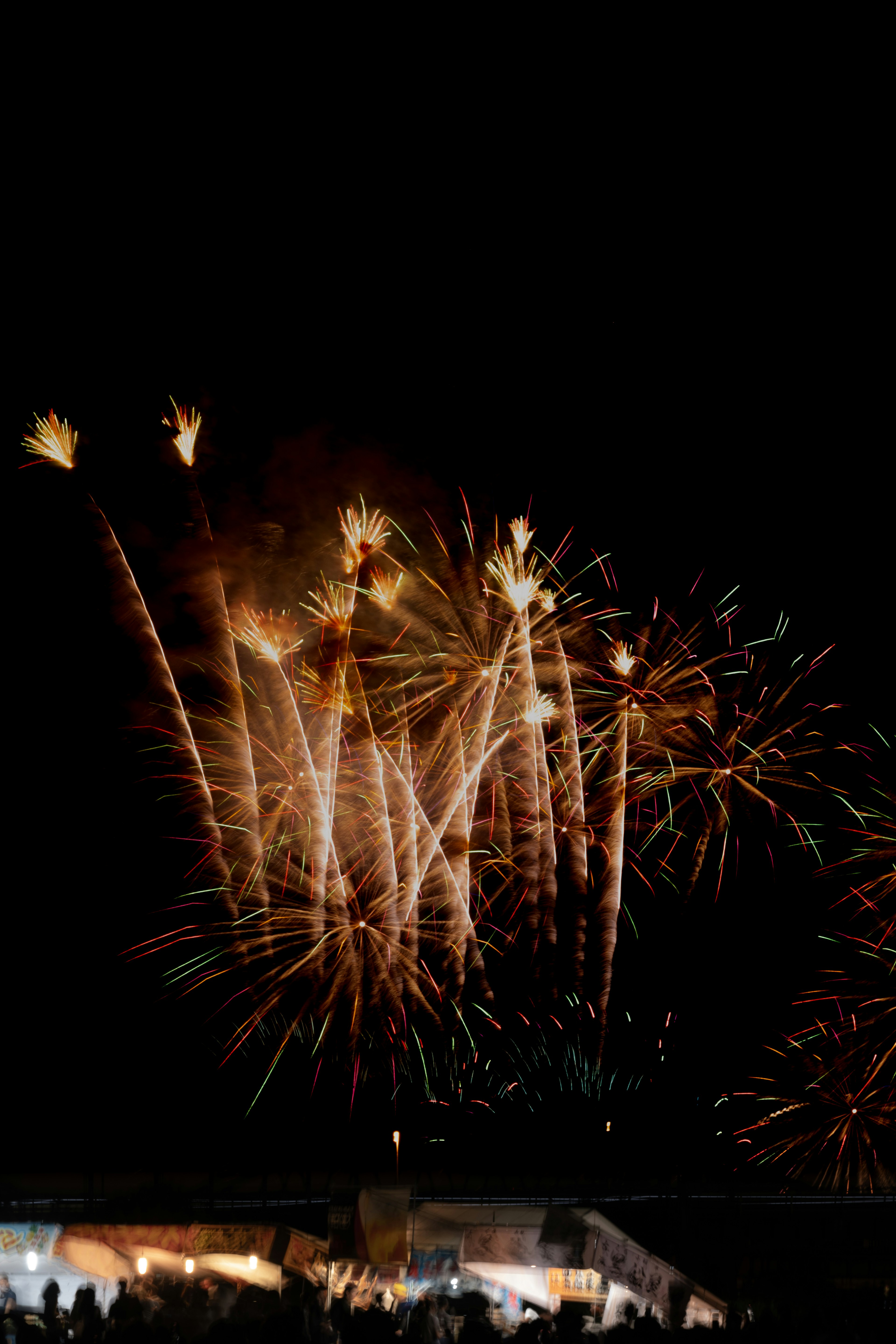 Spettacolo di fuochi d'artificio colorati che illuminano il cielo notturno sagome di persone in primo piano