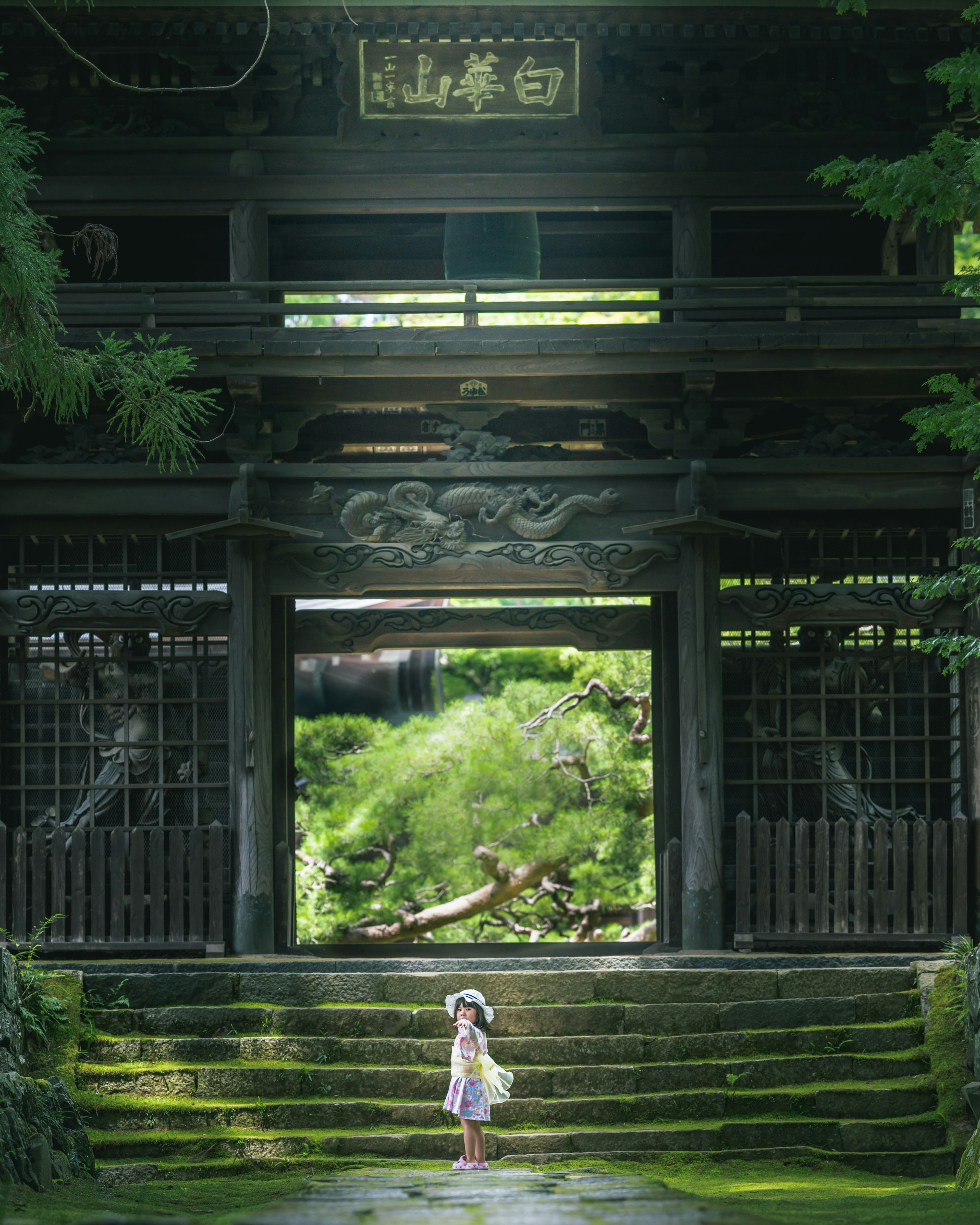 Child standing at the entrance of an ancient temple surrounded by greenery and stone steps