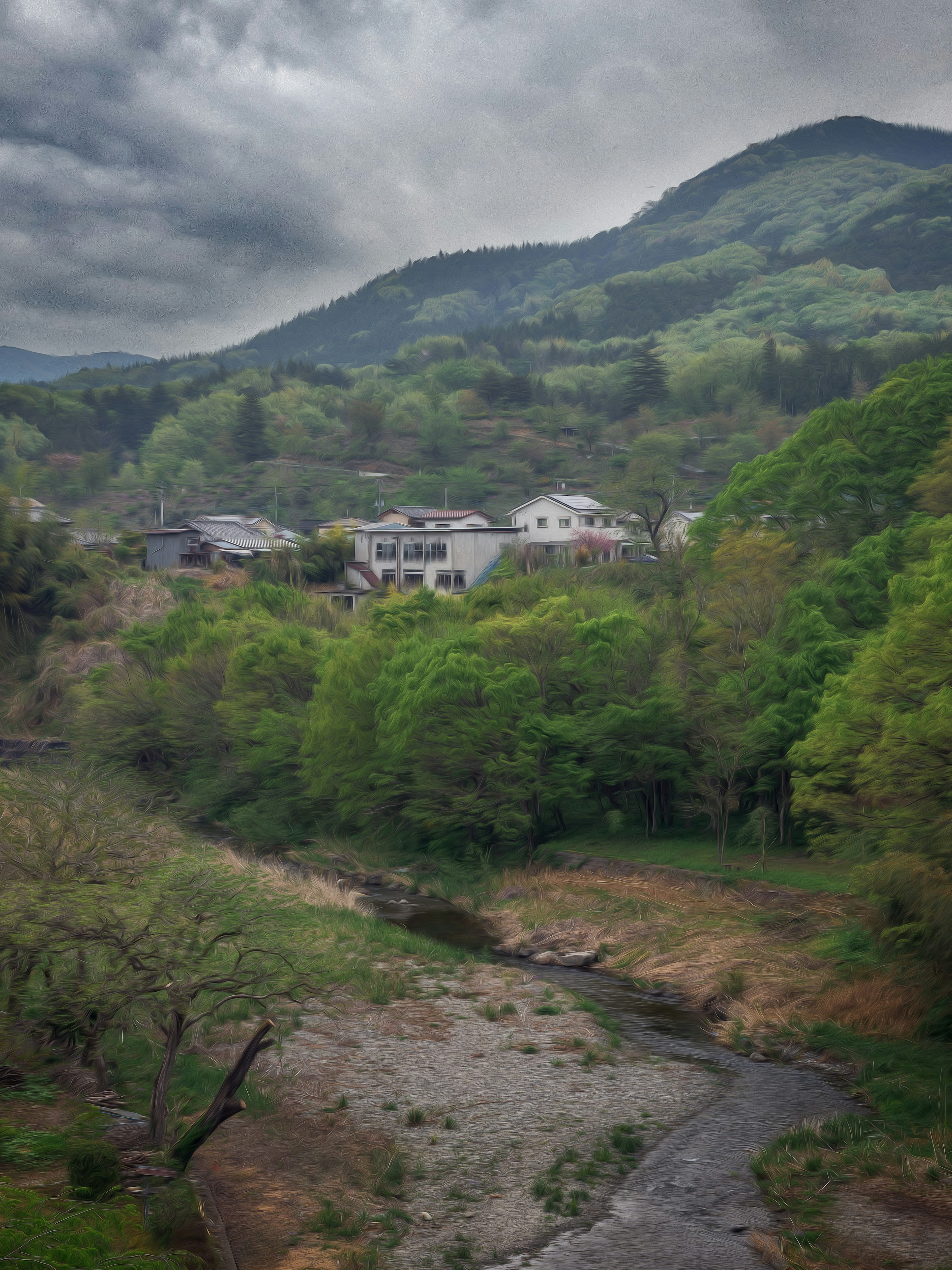 緑豊かな山々と川を背景にした村の風景