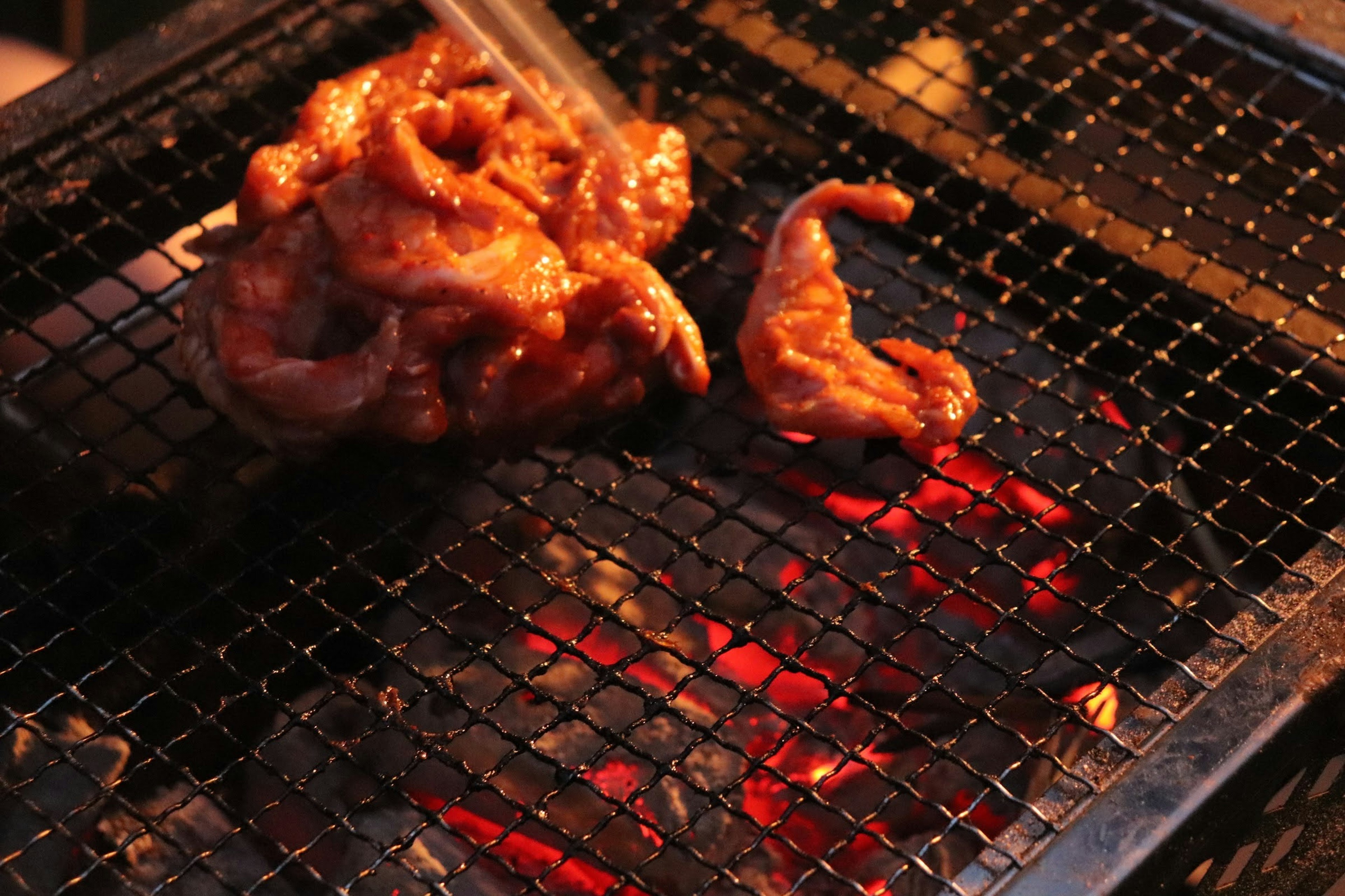 Morceau de viande mariné en train de griller sur une grille au-dessus de braises rouges