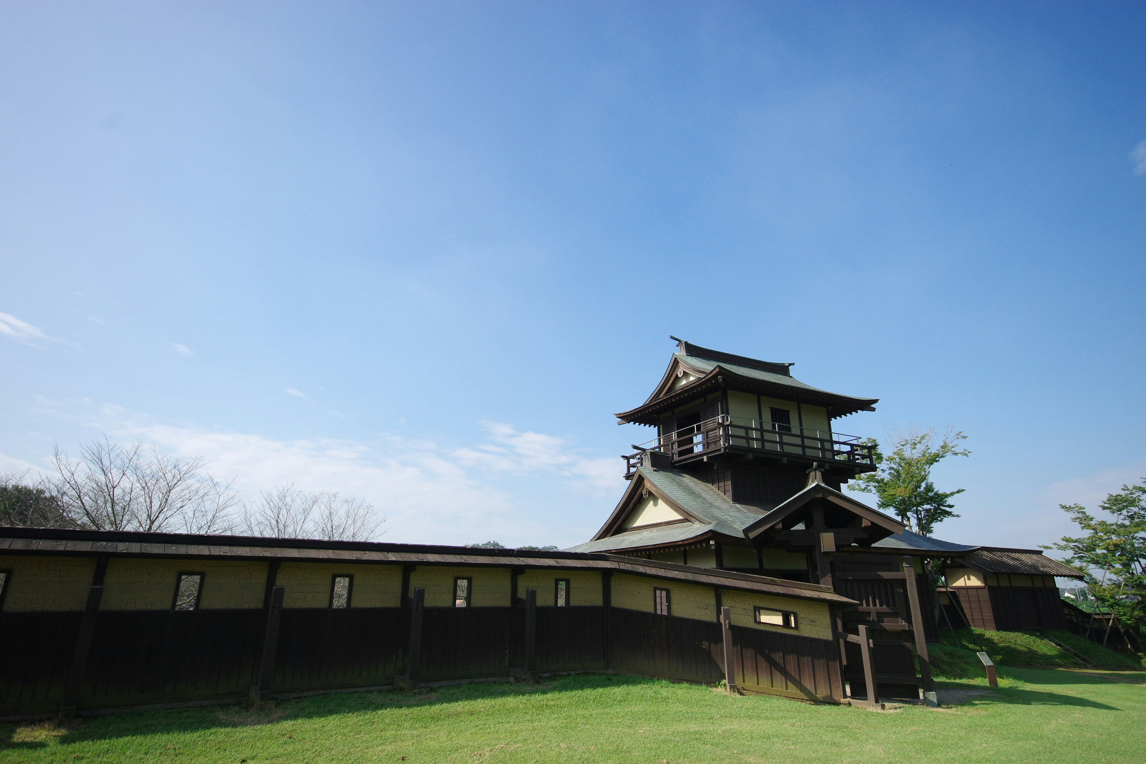 Structure de château japonais sous un ciel bleu avec de l'herbe verte