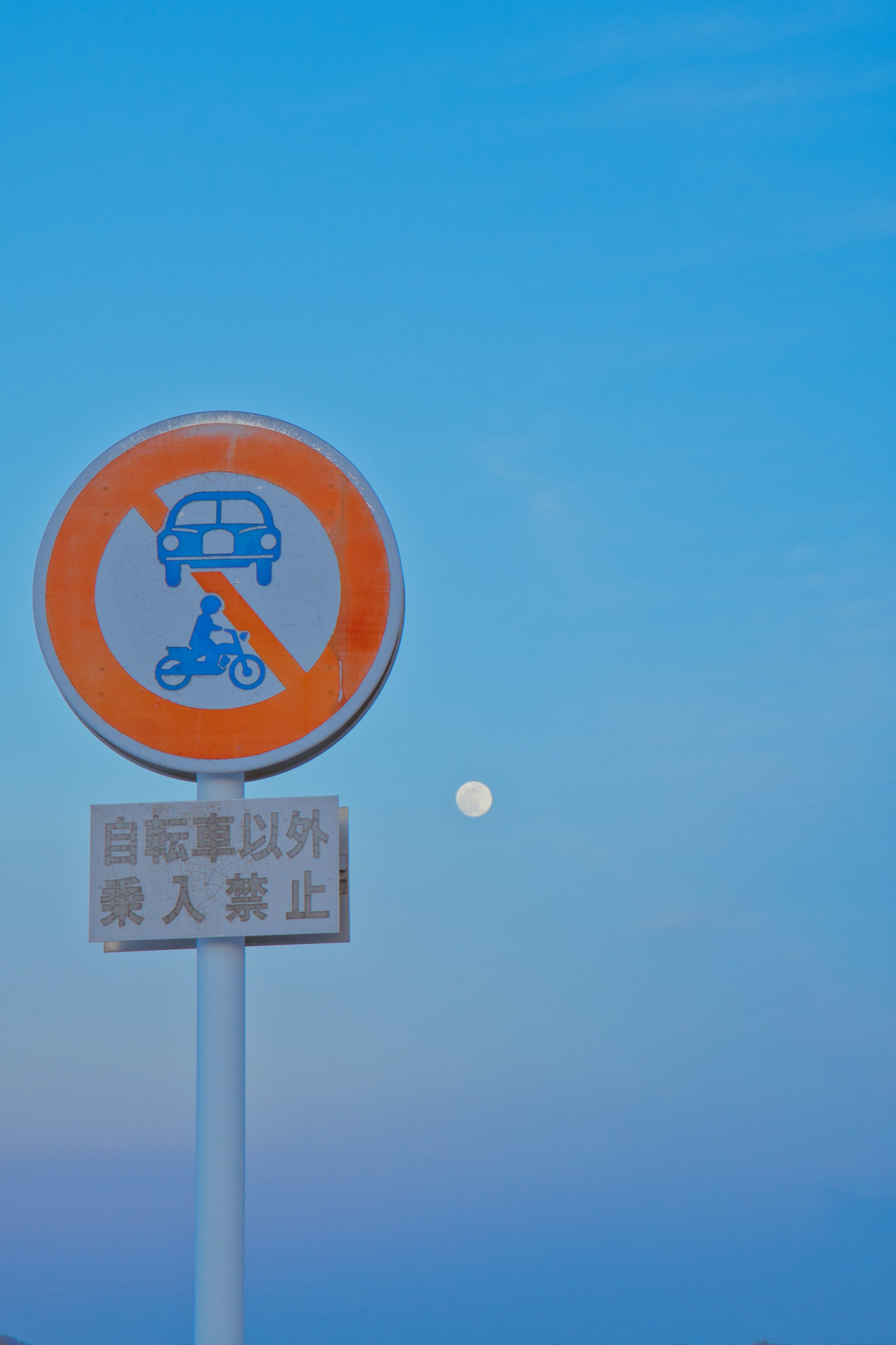 Panneau de stationnement interdit devant un ciel bleu avec une pleine lune