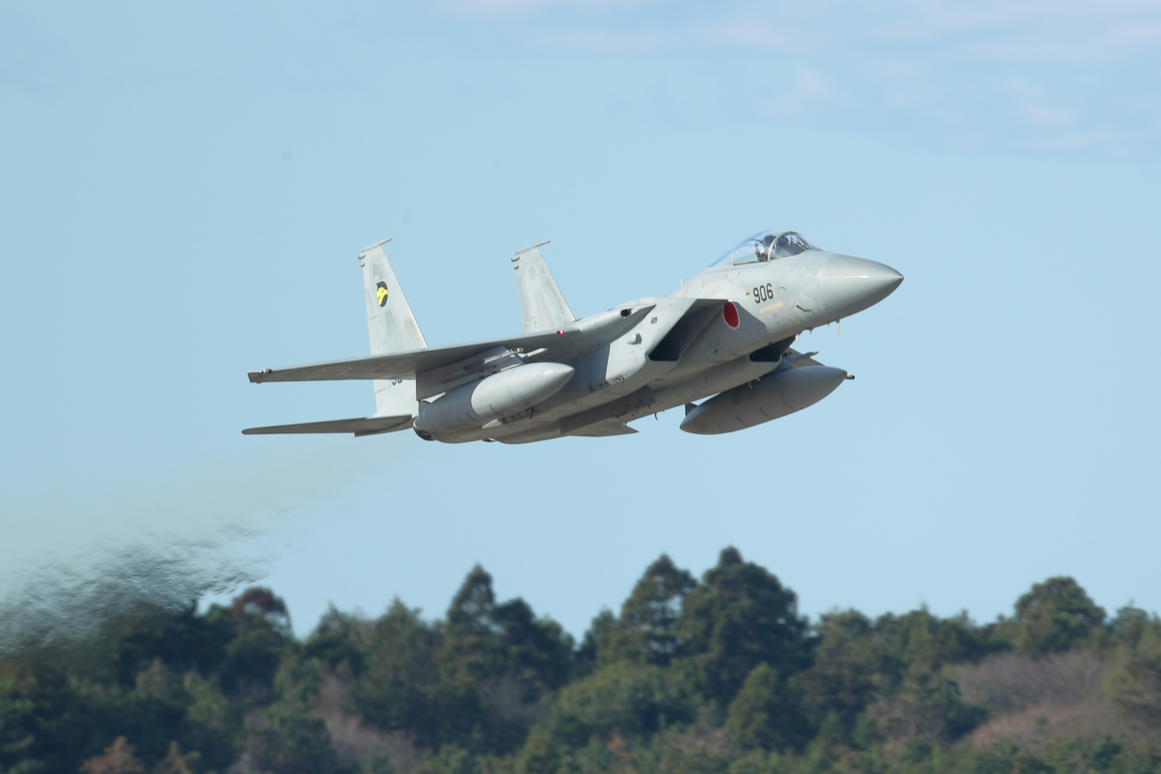 F-15 fighter jet flying with a scenic forest background