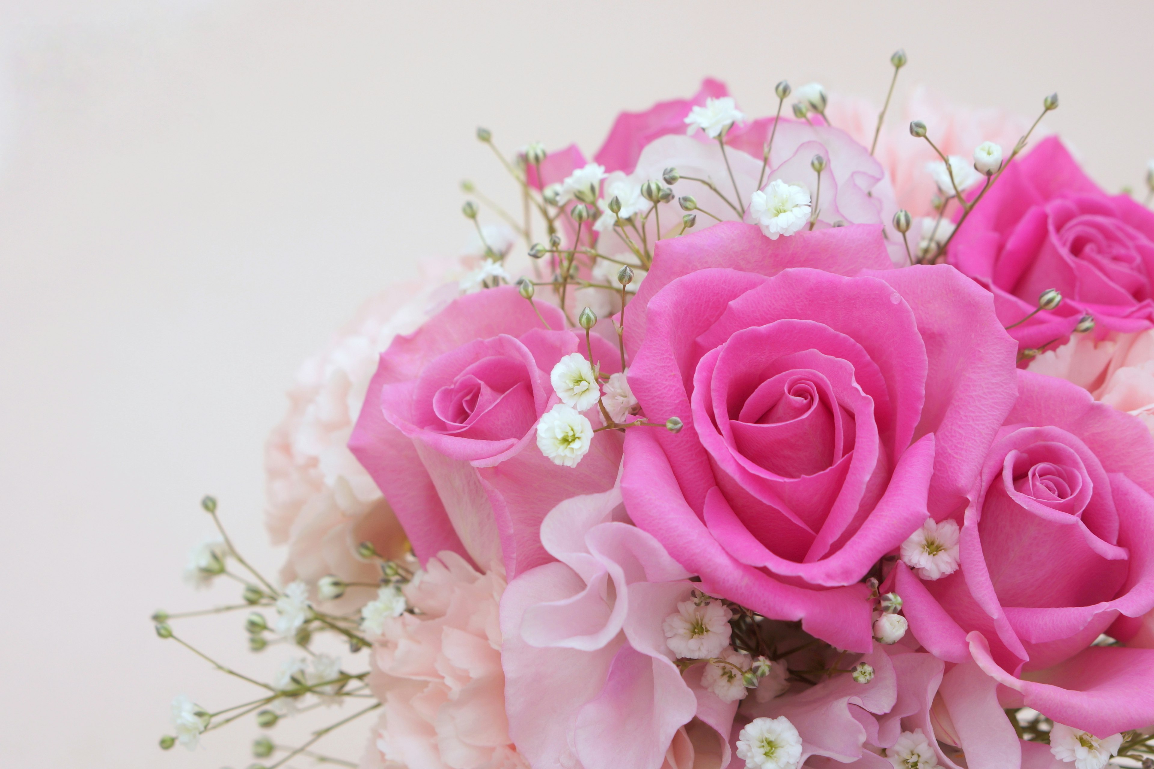 Un ramo que presenta rosas rosas y flores de relleno delicadas