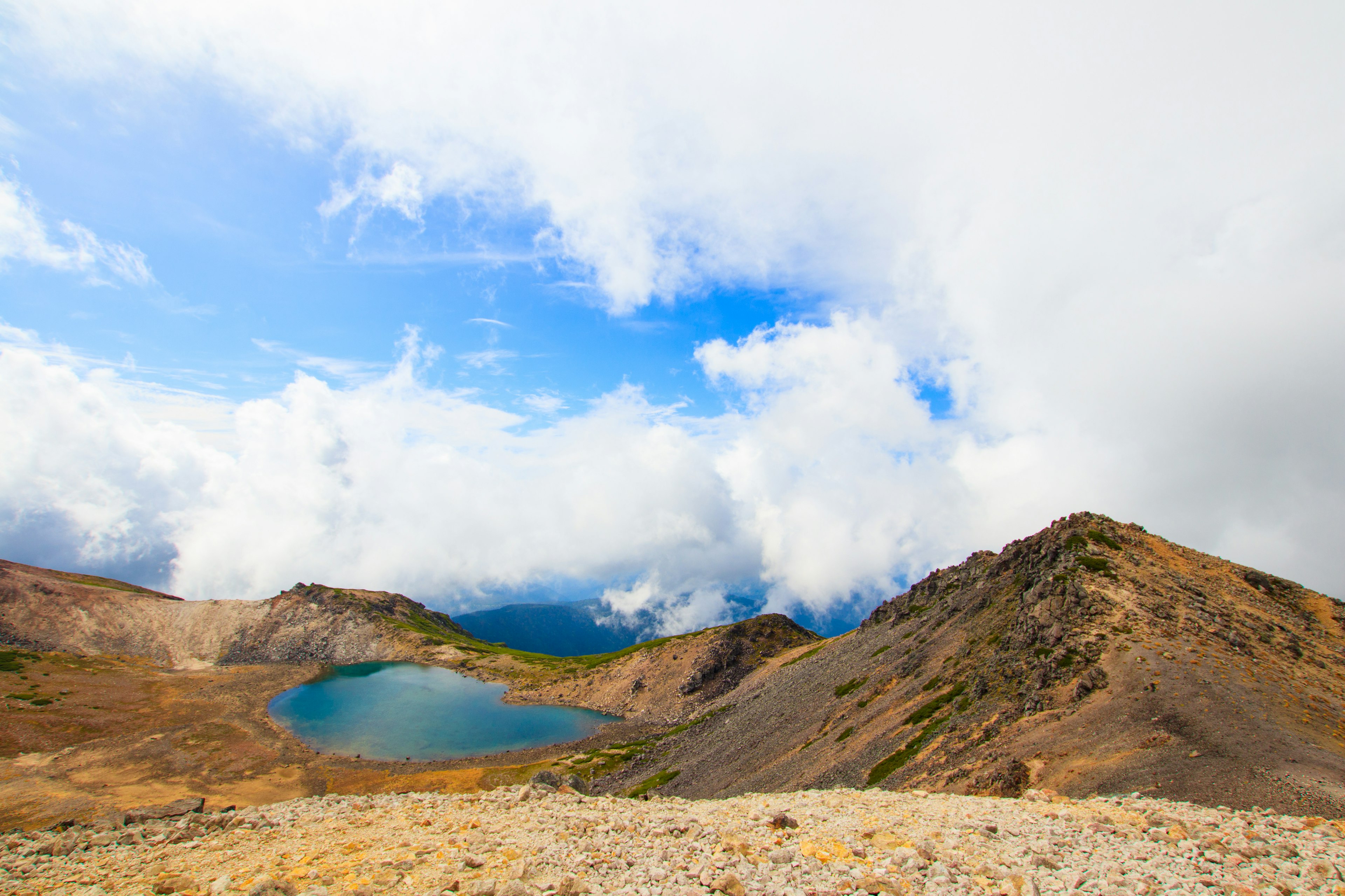 ทิวทัศน์ภูเขาสวยงามพร้อมทะเลสาบสีน้ำเงินใต้ท้องฟ้าที่มีเมฆมาก