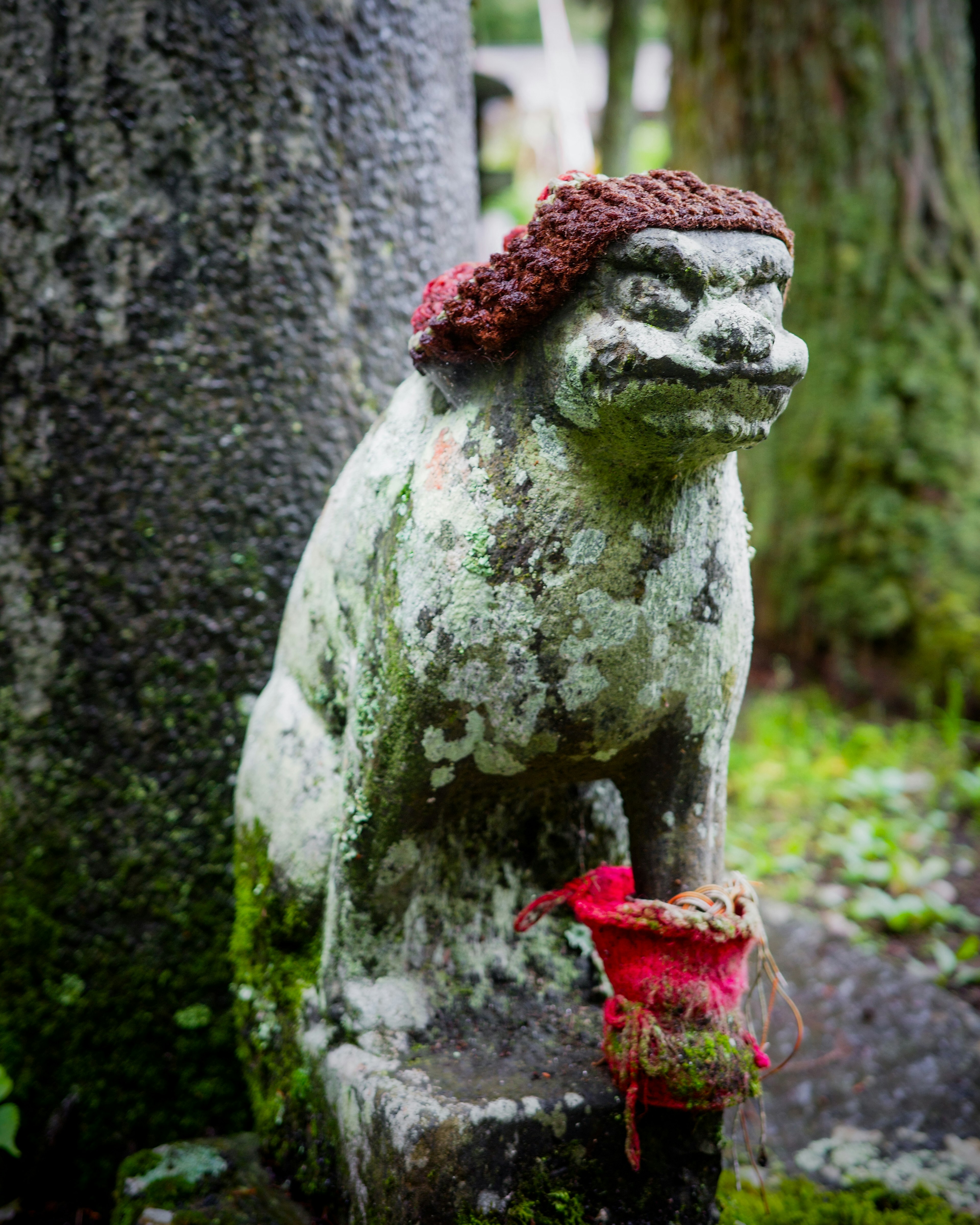 Una estatua de león cubierta de musgo sosteniendo un paño rojo en un fondo verde