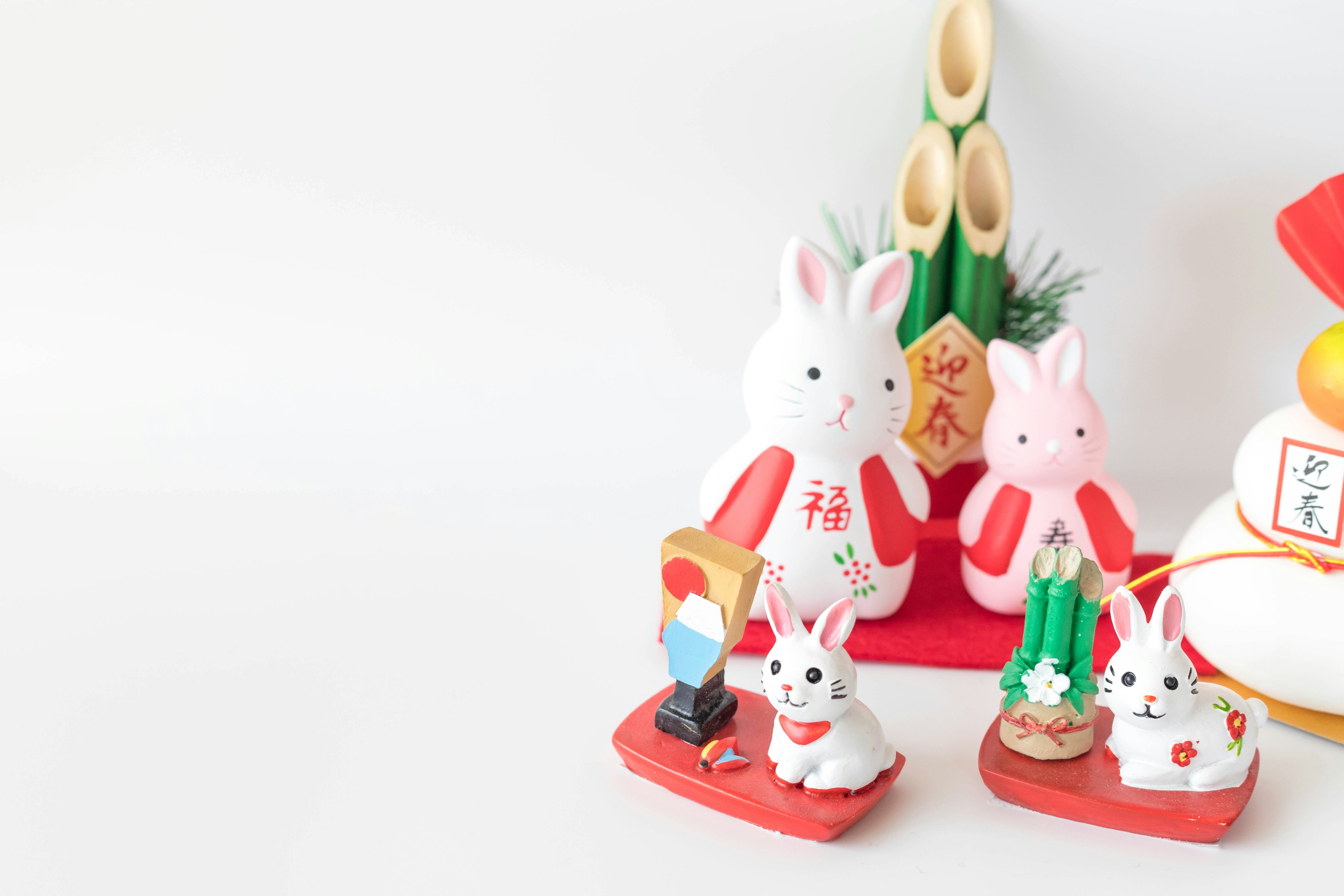 A scene featuring cute rabbit figurines displayed on a table