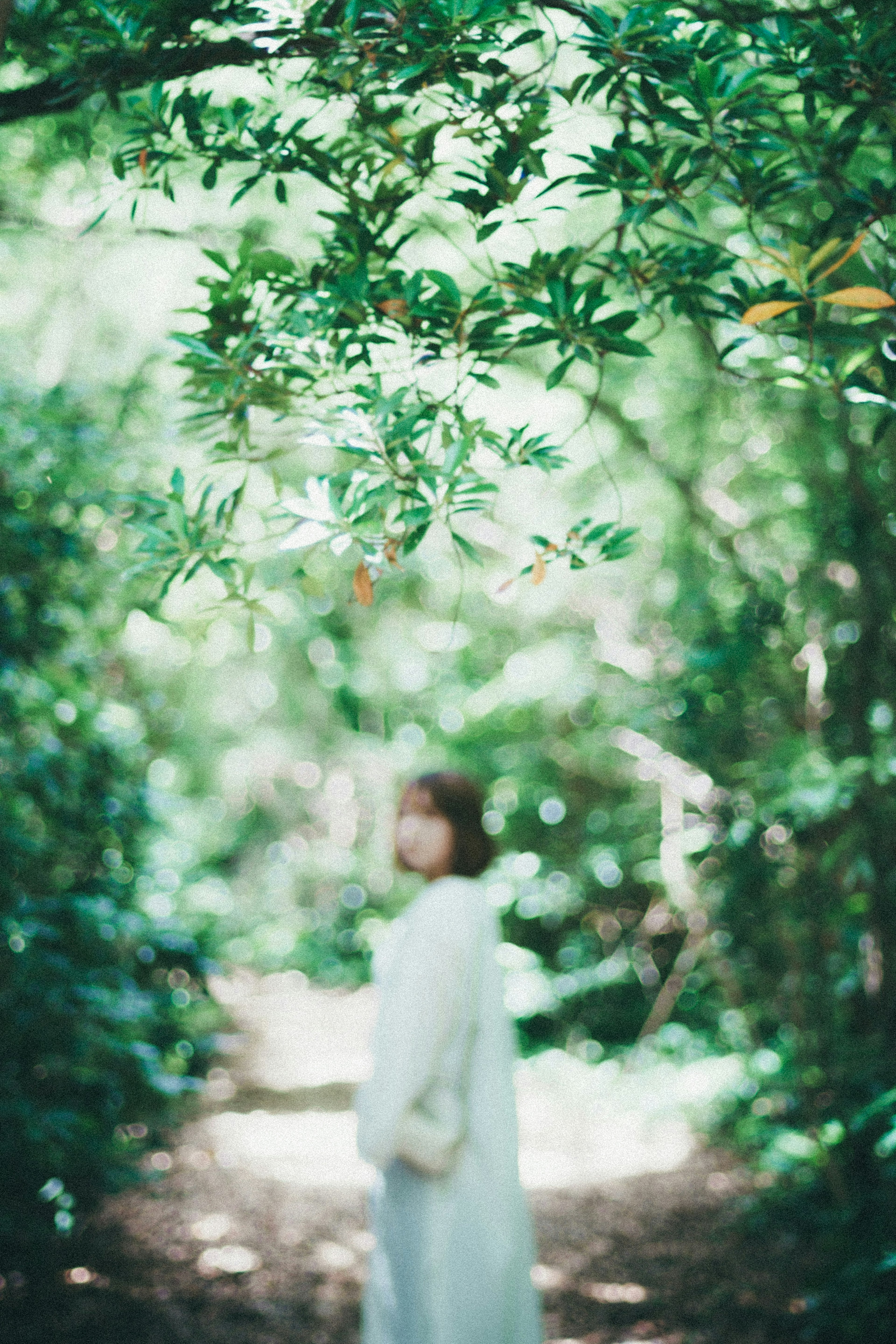 A woman standing in a blurred background surrounded by green leaves