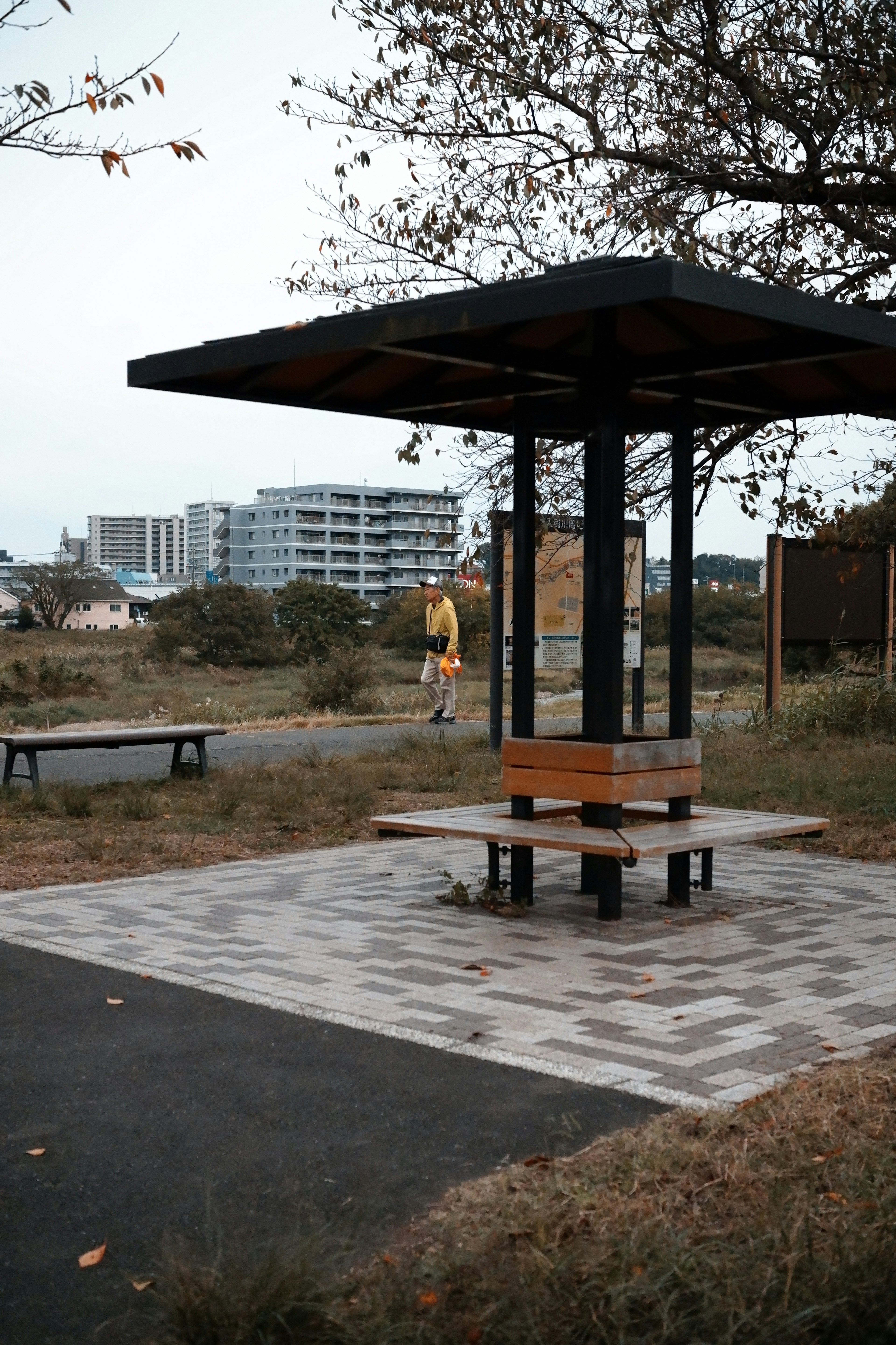 公園の休憩所とベンチがある風景背後に現代的な建物